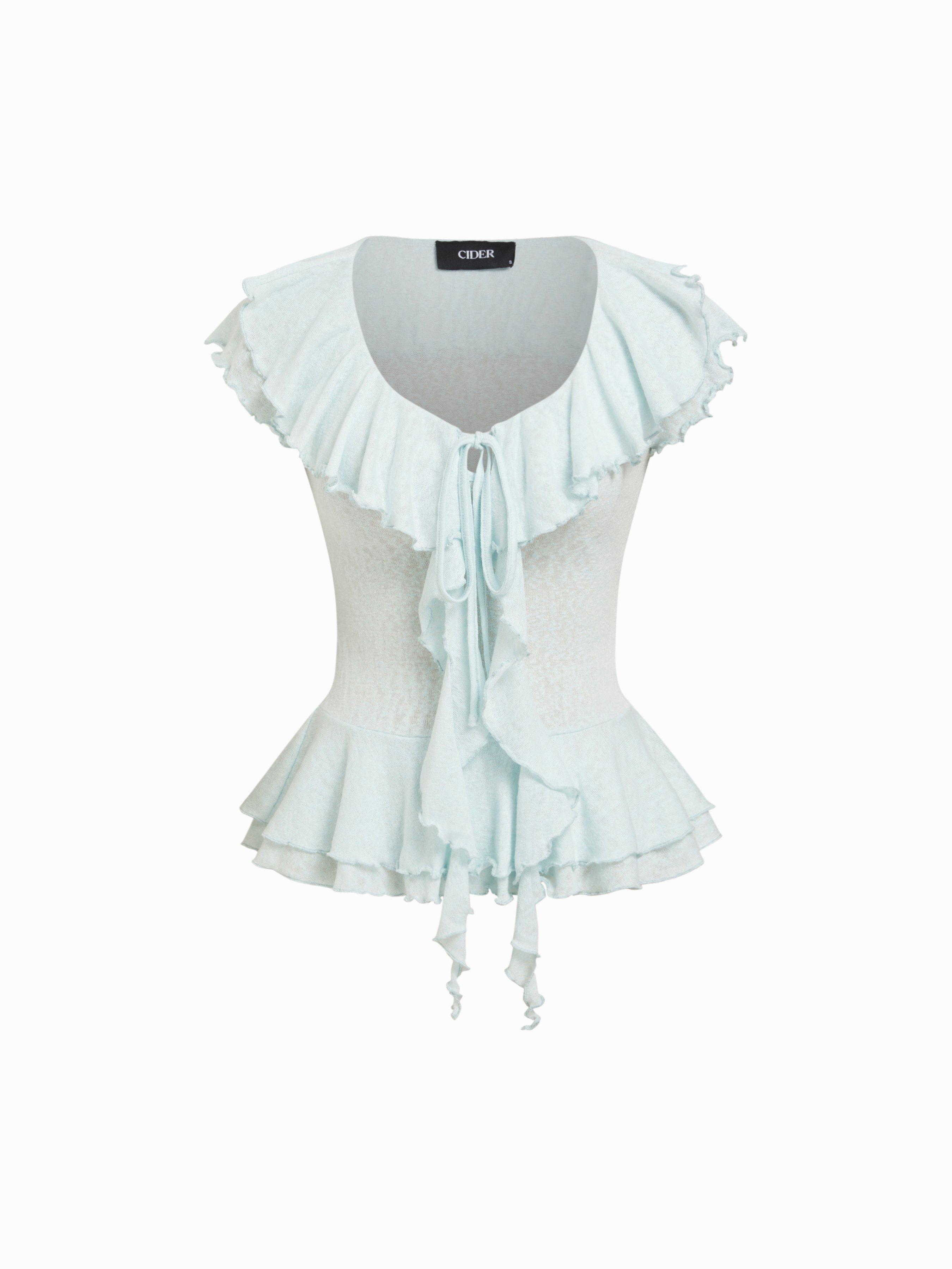Textured V-neck Ruffle Sleeve Twist Knotted Ruffle Hem Longline Top by CIDER