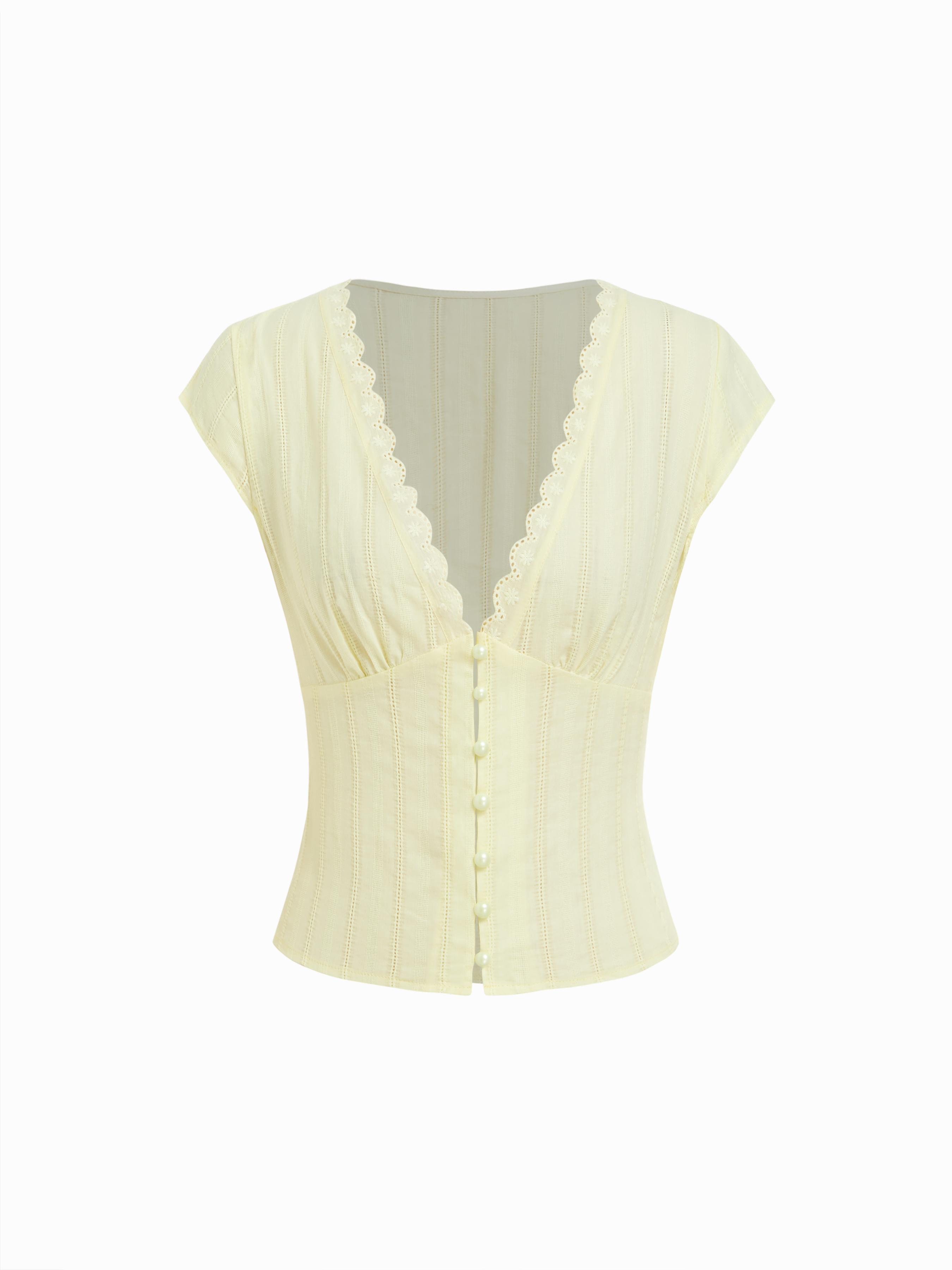 Textured V-neck Short Sleeve Lace Trim Pearl Button Blouse by CIDER