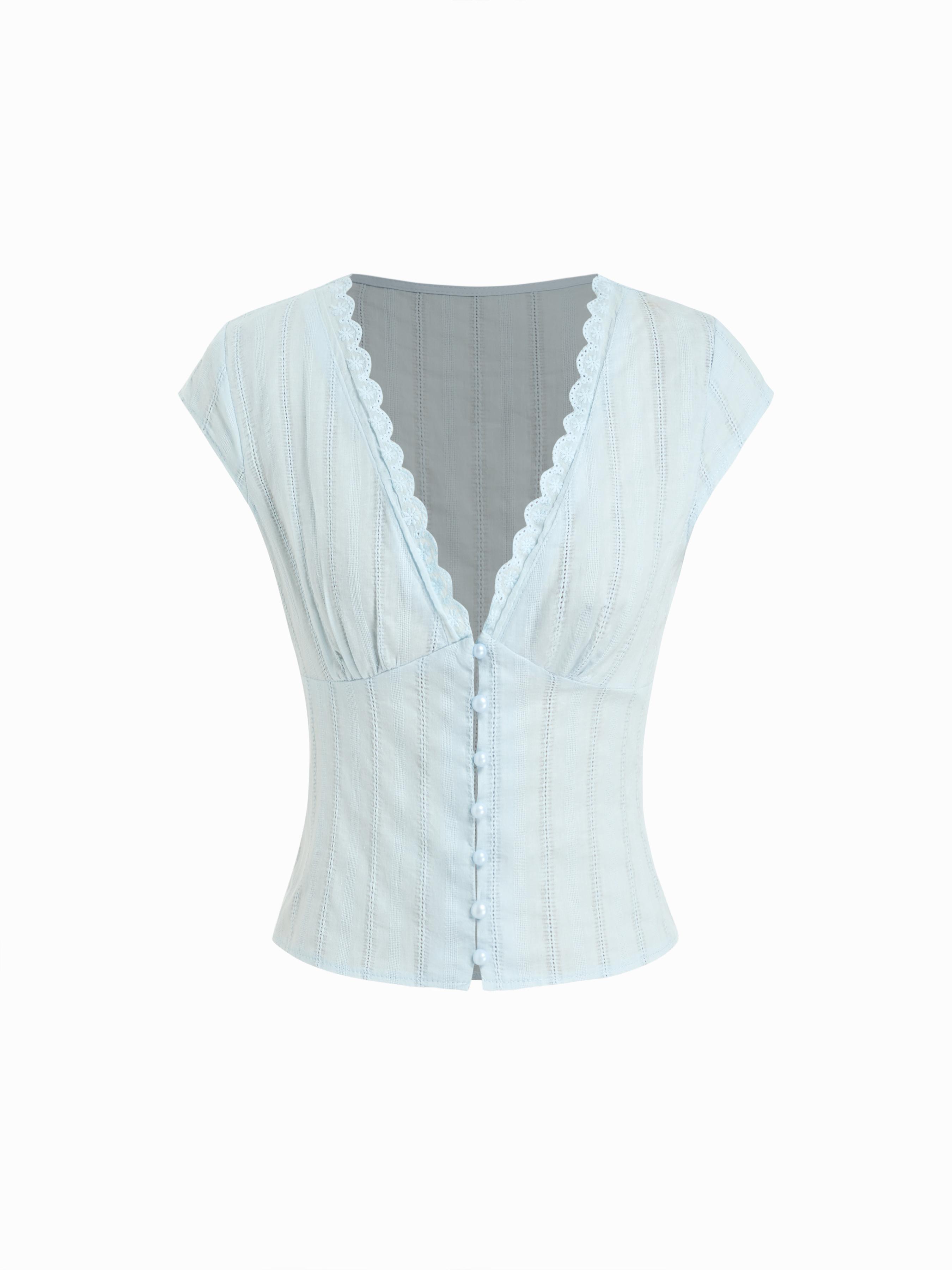 Textured V-neck Short Sleeve Lace Trim Pearl Button Blouse by CIDER