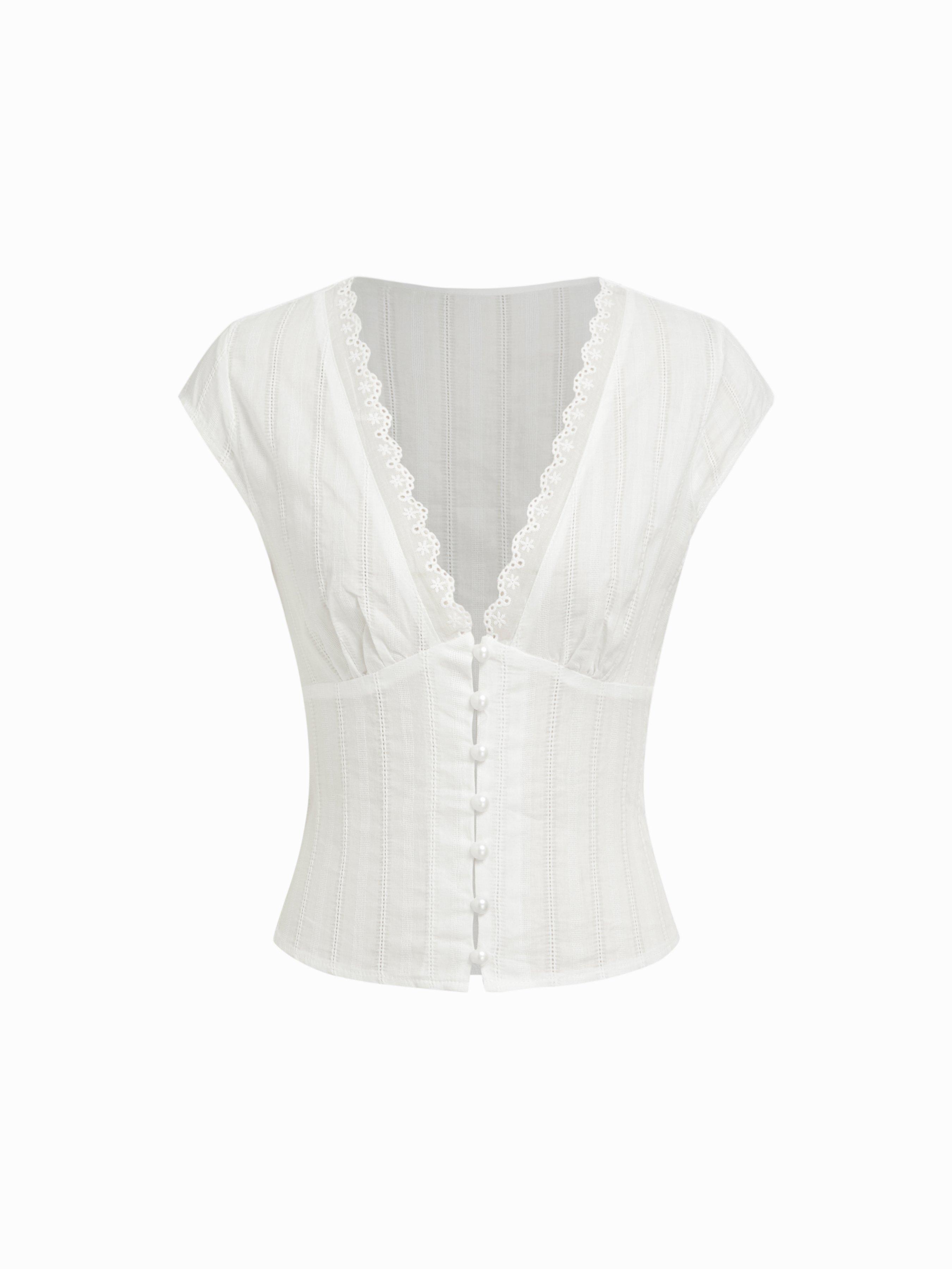 Textured V-neck Short Sleeve Lace Trim Pearl Button Blouse by CIDER