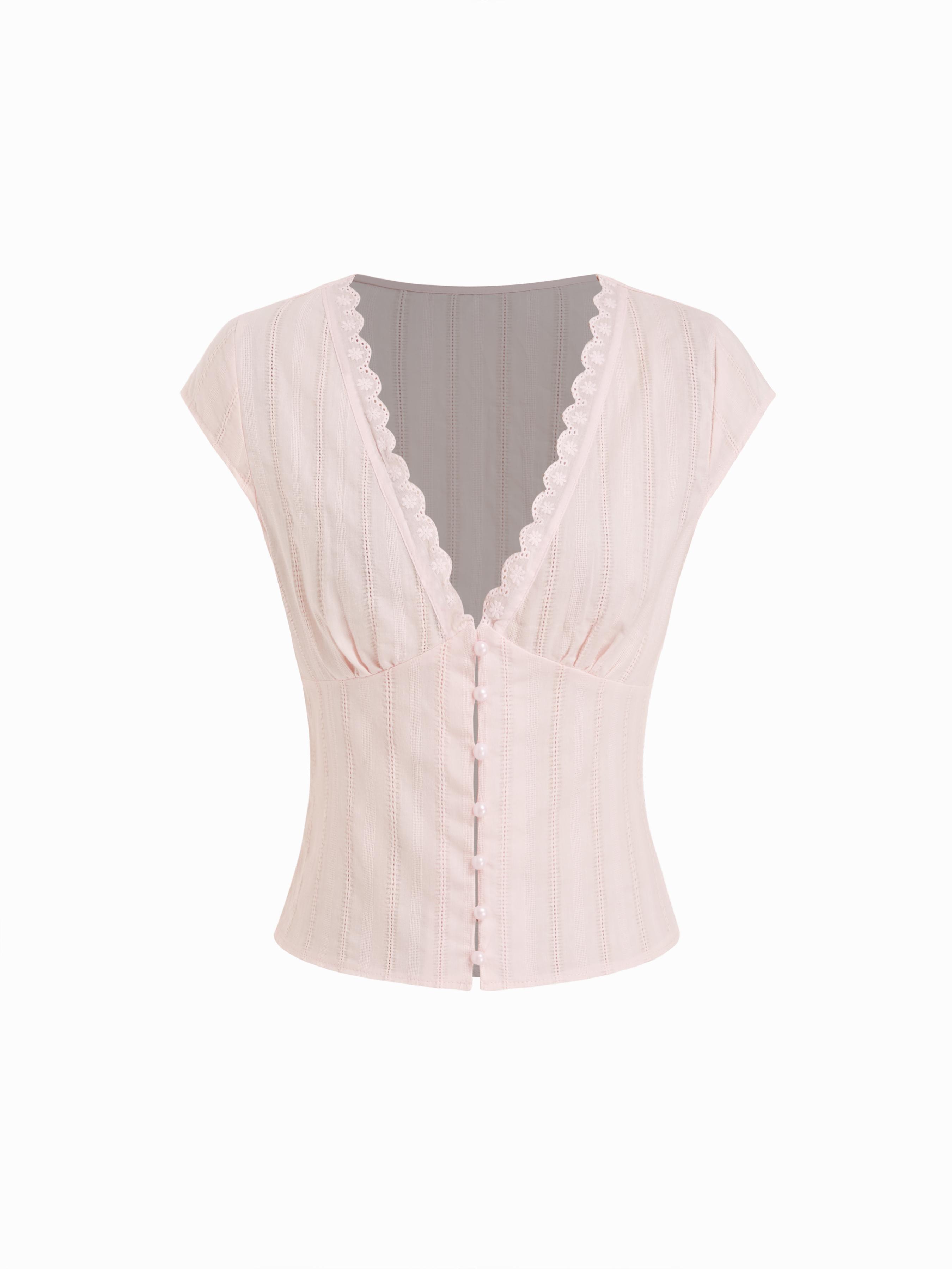 Textured V-neck Short Sleeve Lace Trim Pearl Button Blouse by CIDER
