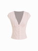 Textured V-neck Short Sleeve Lace Trim Pearl Button Blouse by CIDER Textured V-neck Short Sleeve Lace Trim Pearl Button Blouse by CIDER