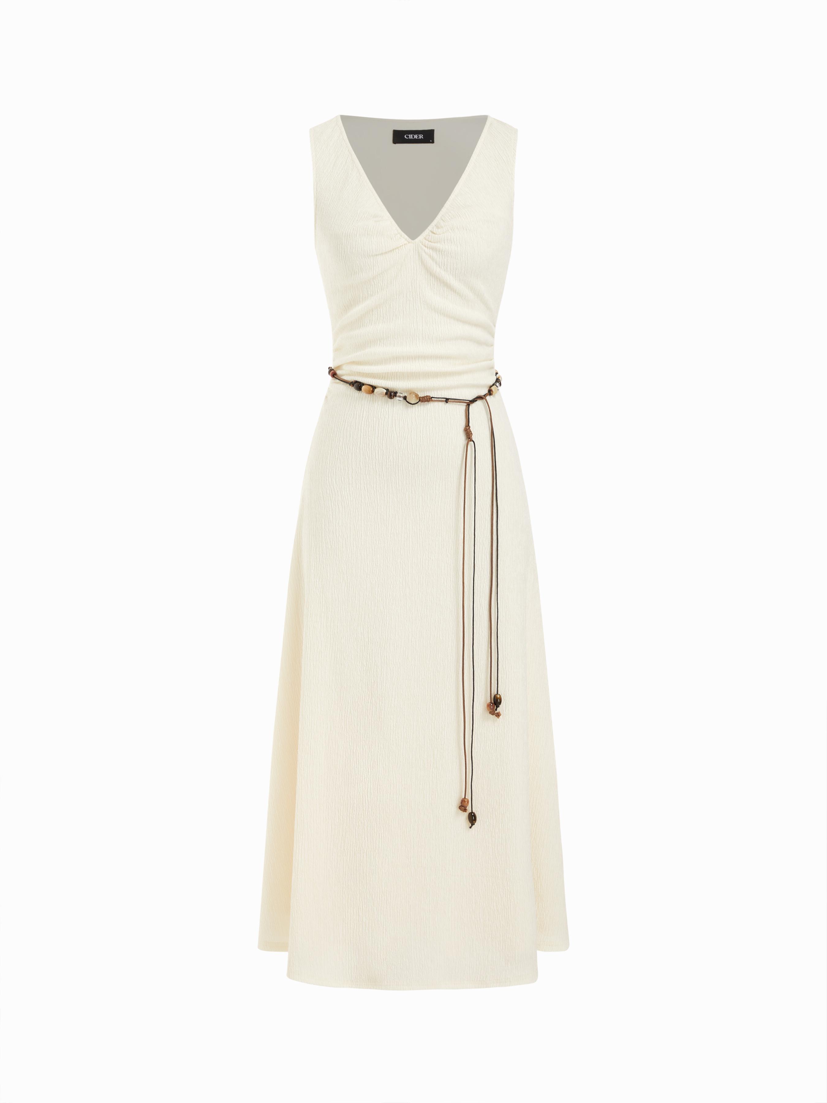 Textured V-neck Sleeveless A-line Maxi Dress With Beaded Belt by CIDER