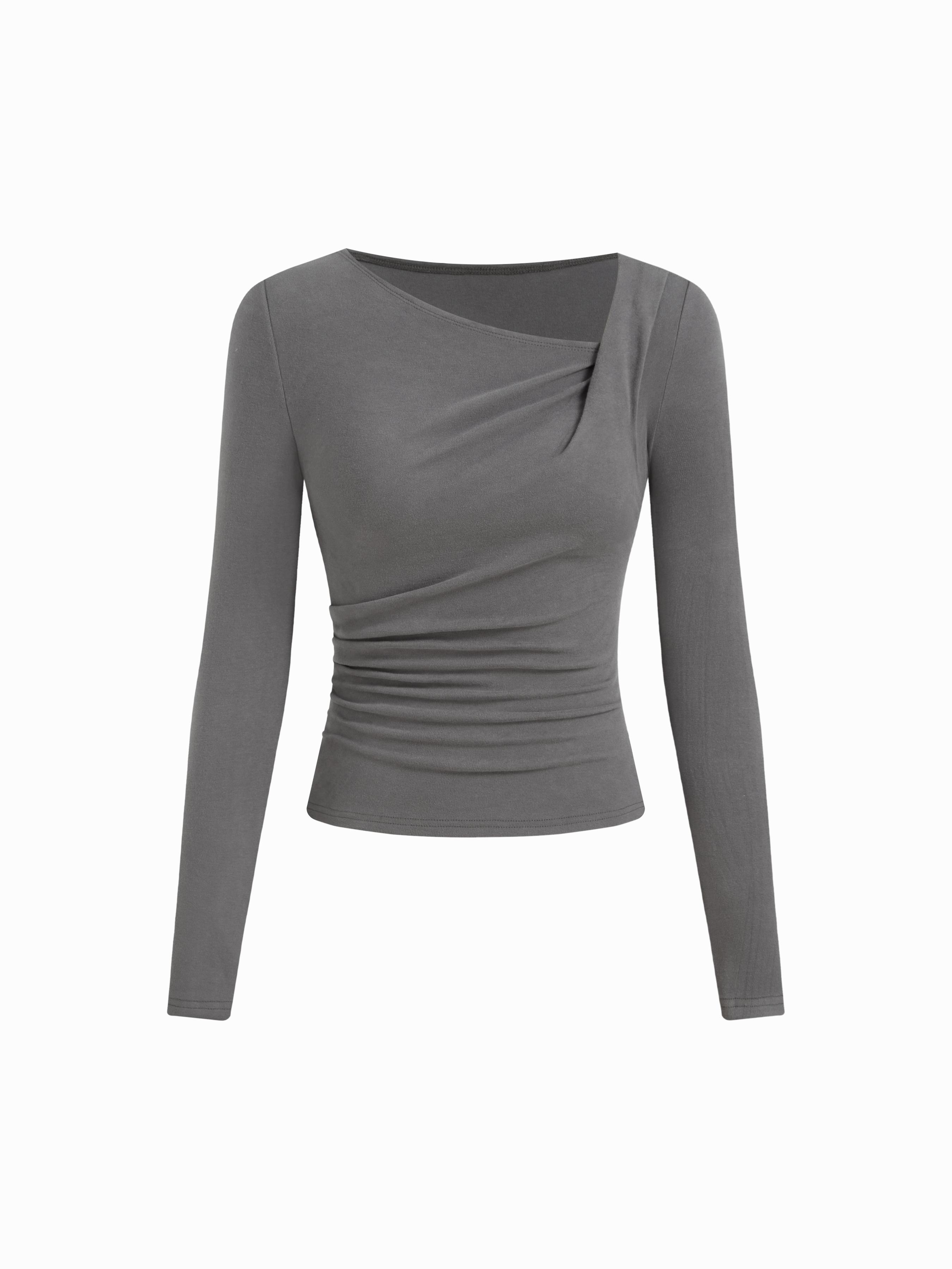 Thermal Cotton-blend Asymmetrical Neck Long Sleeve Ruched Top by CIDER