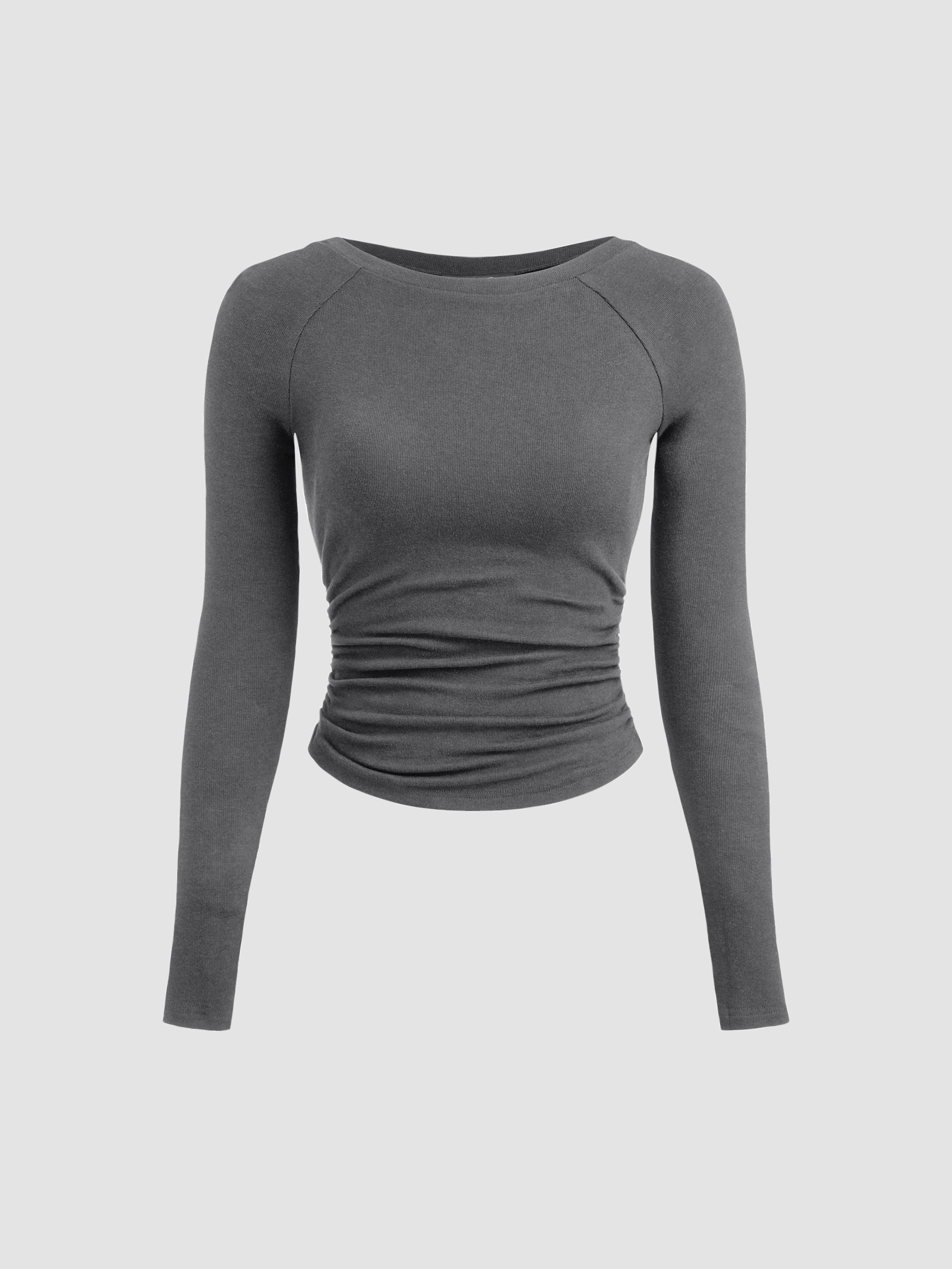 Thermal Cotton-blend Boat Neck Solid Ruched Long Sleeve Tee by CIDER