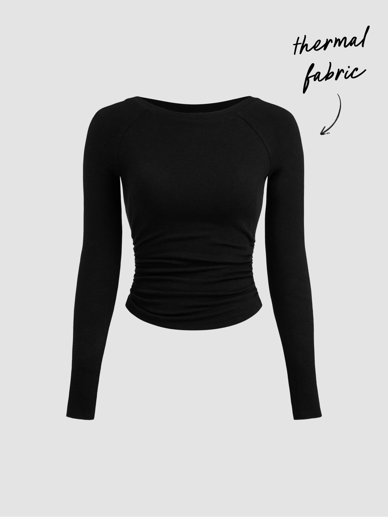 Thermal Cotton-blend Boat Neck Solid Ruched Long Sleeve Tee by CIDER