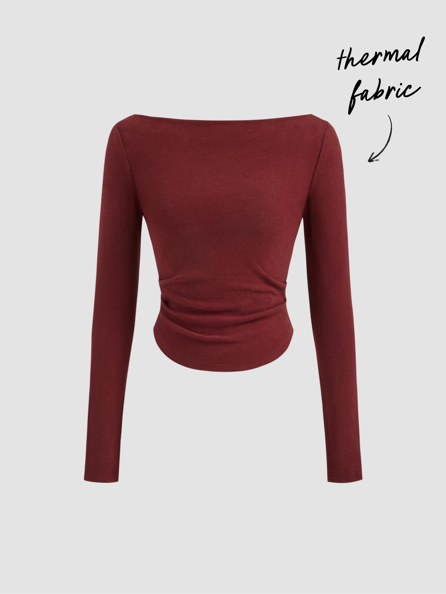Thermal Cotton-blend Boat Neck Solid Ruched Long Sleeve Tee by CIDER