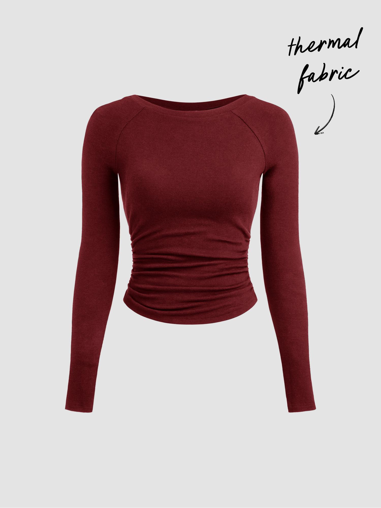 Thermal Cotton-blend Boat Neck Solid Ruched Long Sleeve Tee by CIDER