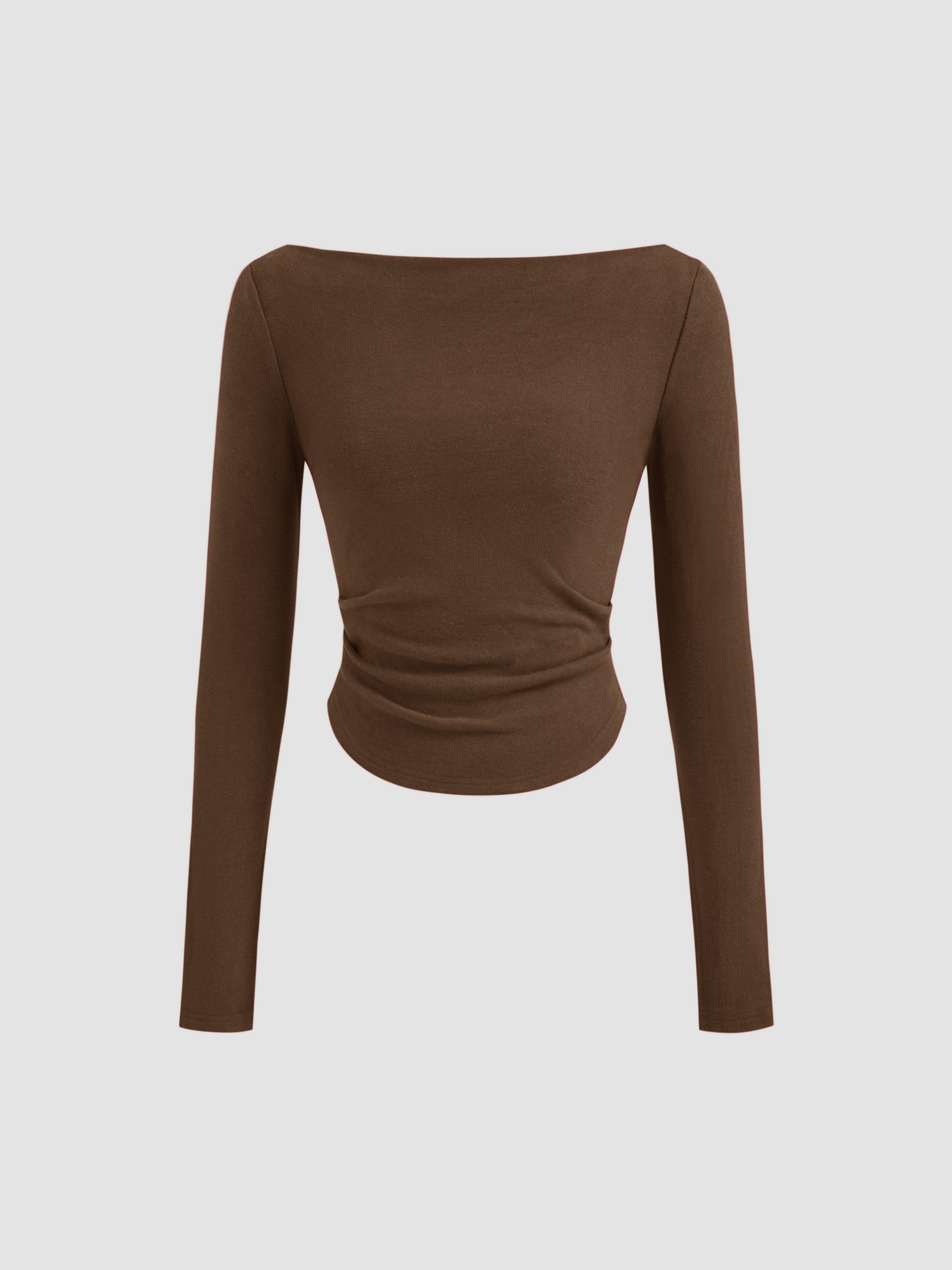 Thermal Cotton-blend Boat Neck Solid Ruched Long Sleeve Tee by CIDER