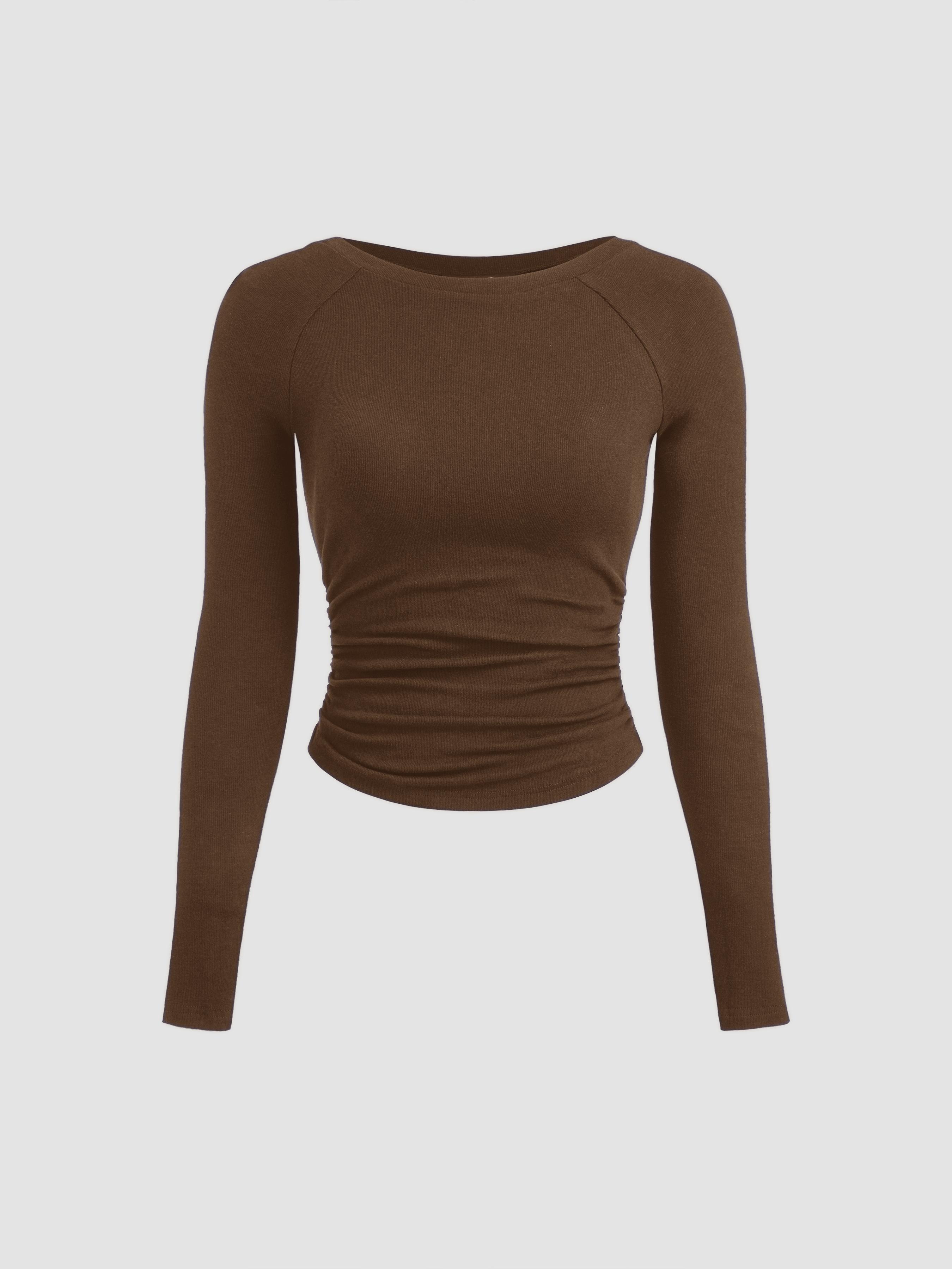 Thermal Cotton-blend Boat Neck Solid Ruched Long Sleeve Tee by CIDER