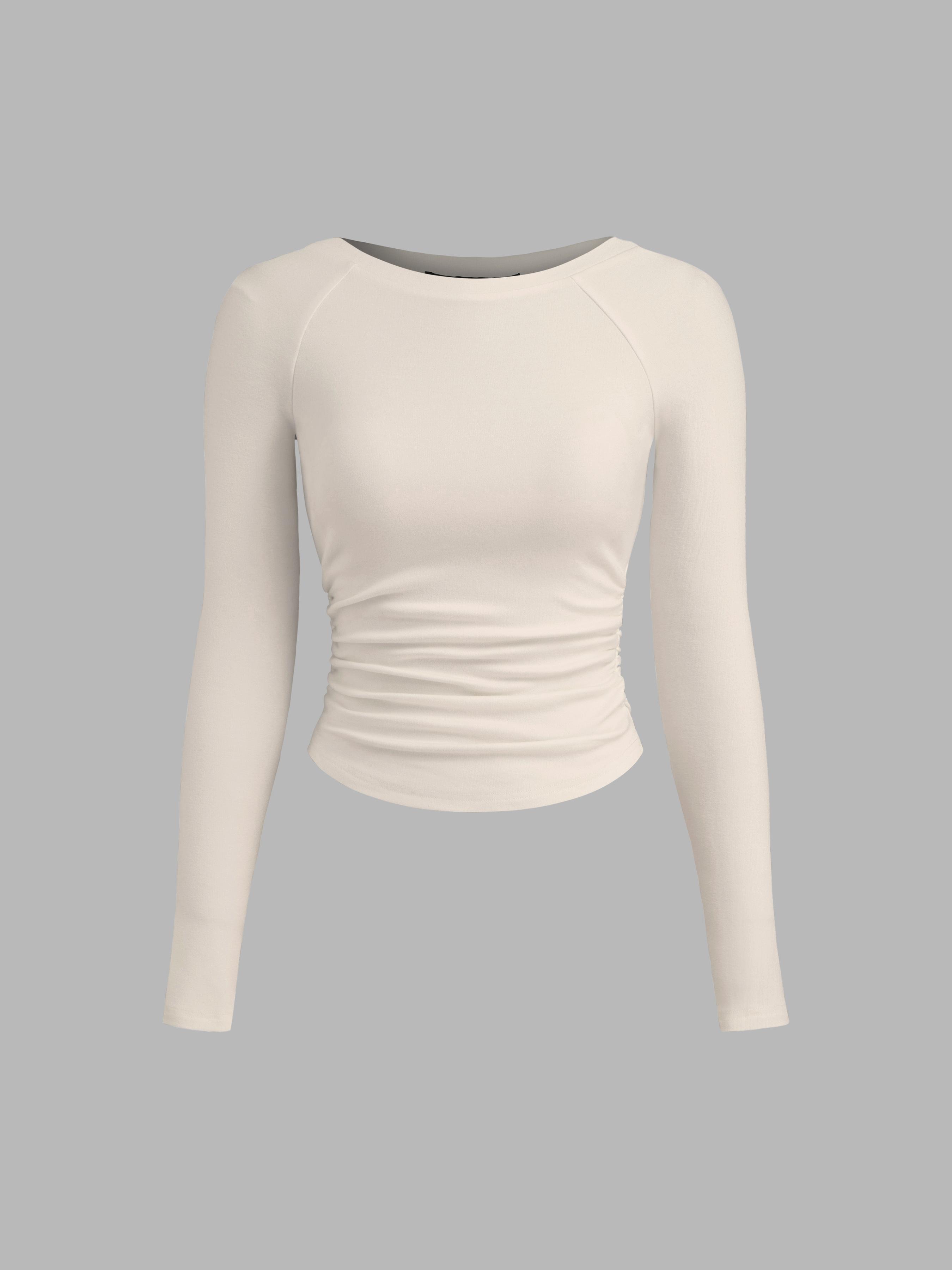 Thermal Cotton-blend Boat Neck Solid Ruched Long Sleeve Tee by CIDER