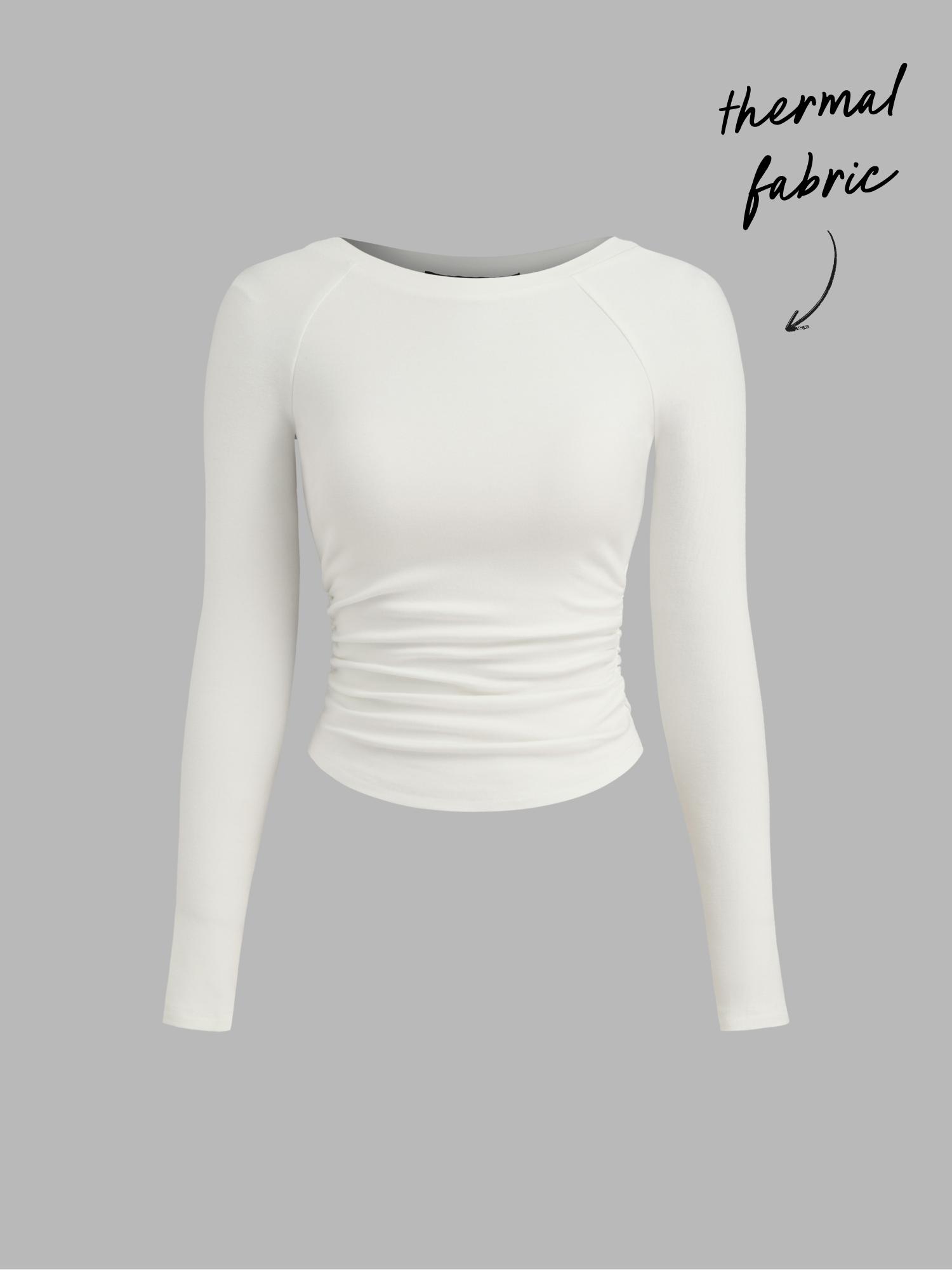 Thermal Cotton-blend Boat Neck Solid Ruched Long Sleeve Tee by CIDER