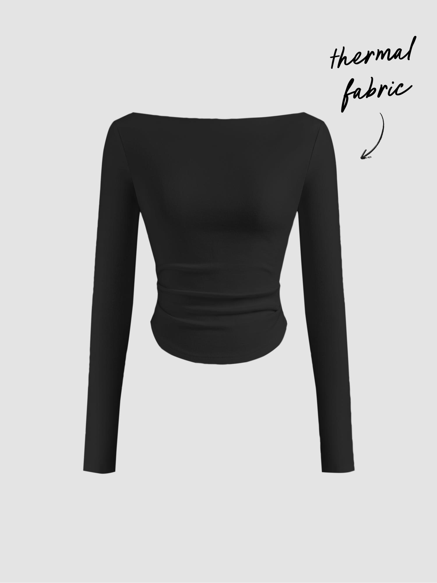 Thermal Cotton-blend Boat Neck Solid Ruched Long Sleeve Tee by CIDER