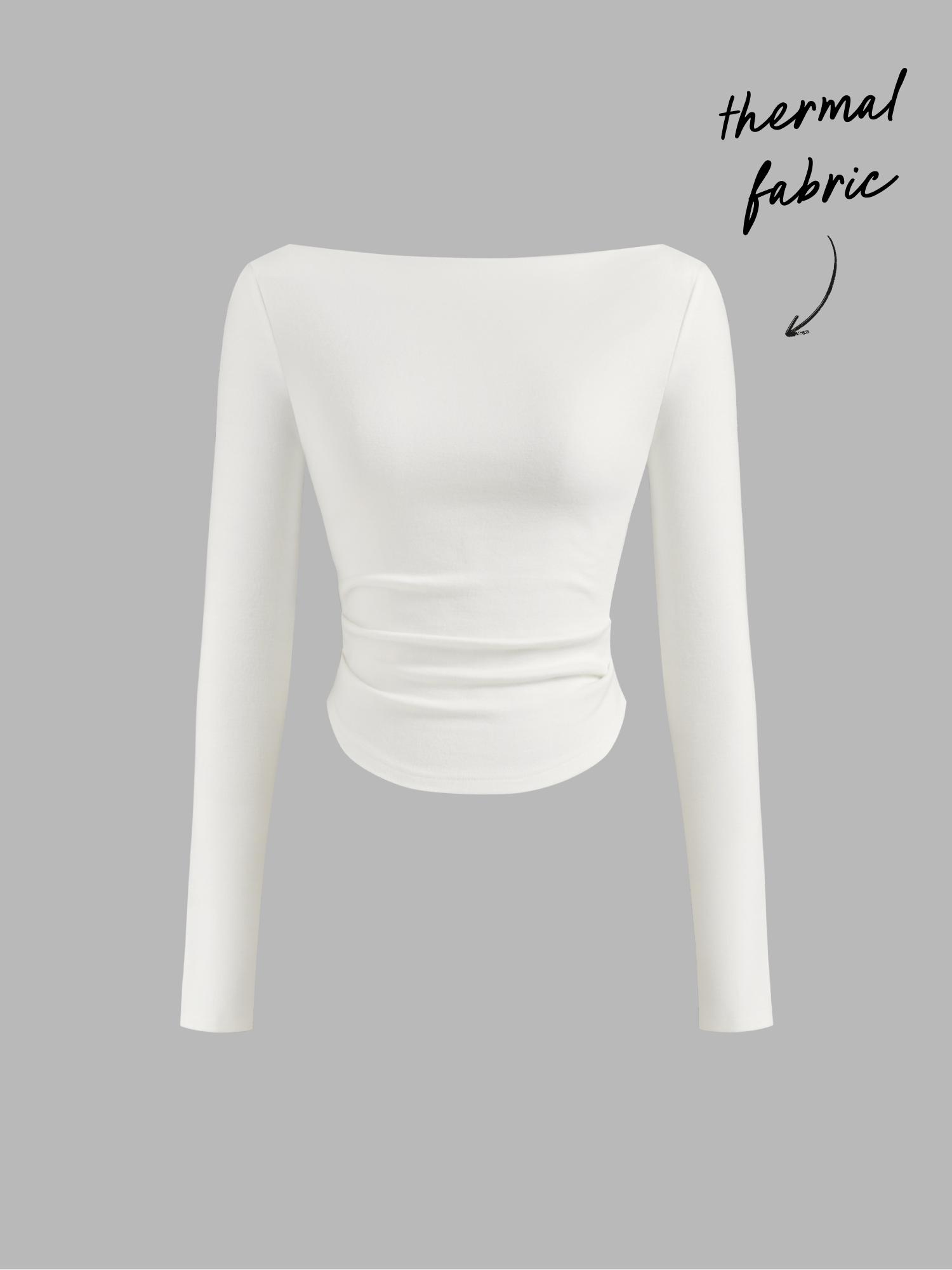 Thermal Cotton-blend Boat Neck Solid Ruched Long Sleeve Tee by CIDER