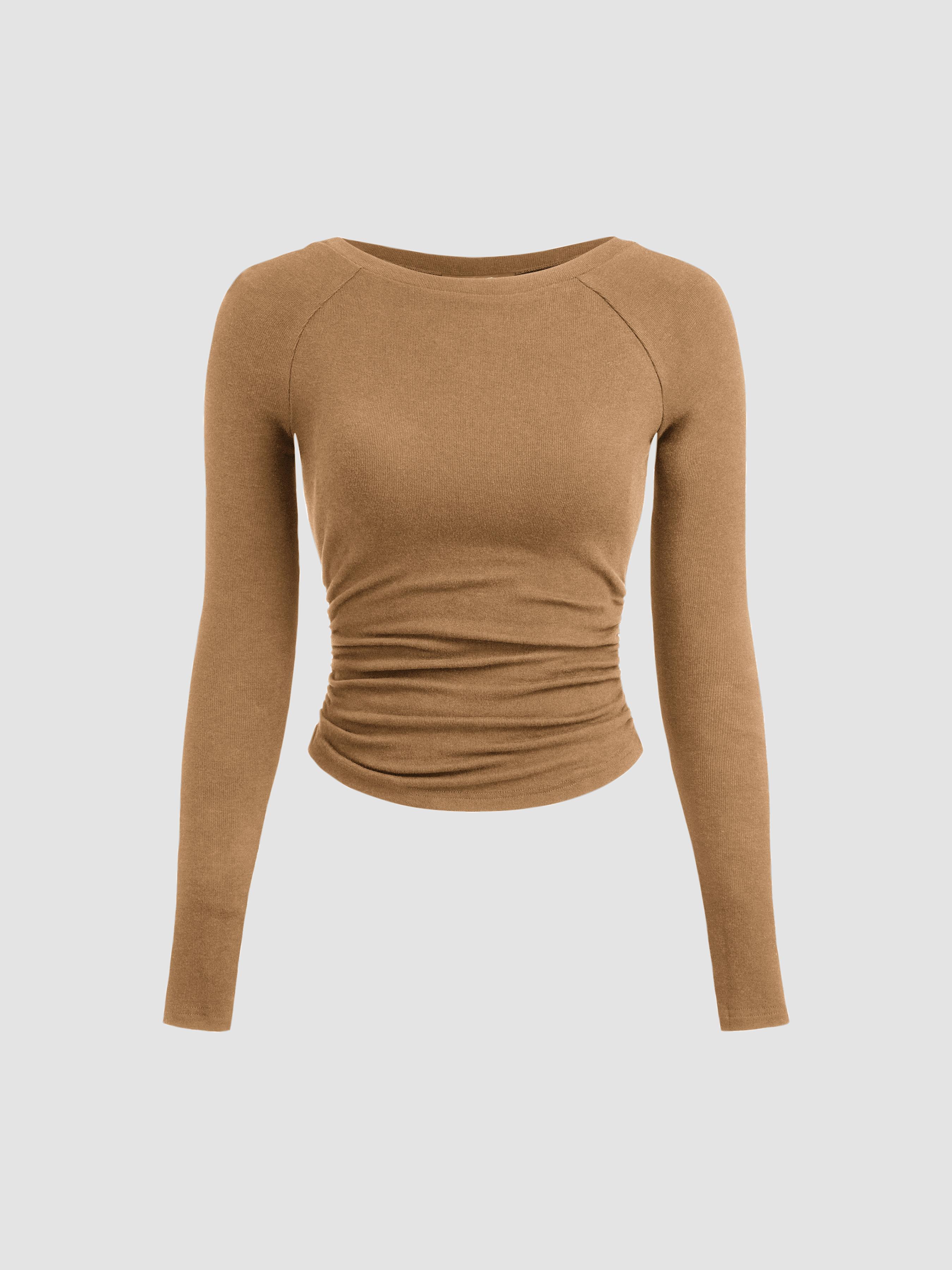 Thermal Cotton-blend Boat Neck Solid Ruched Long Sleeve Tee by CIDER