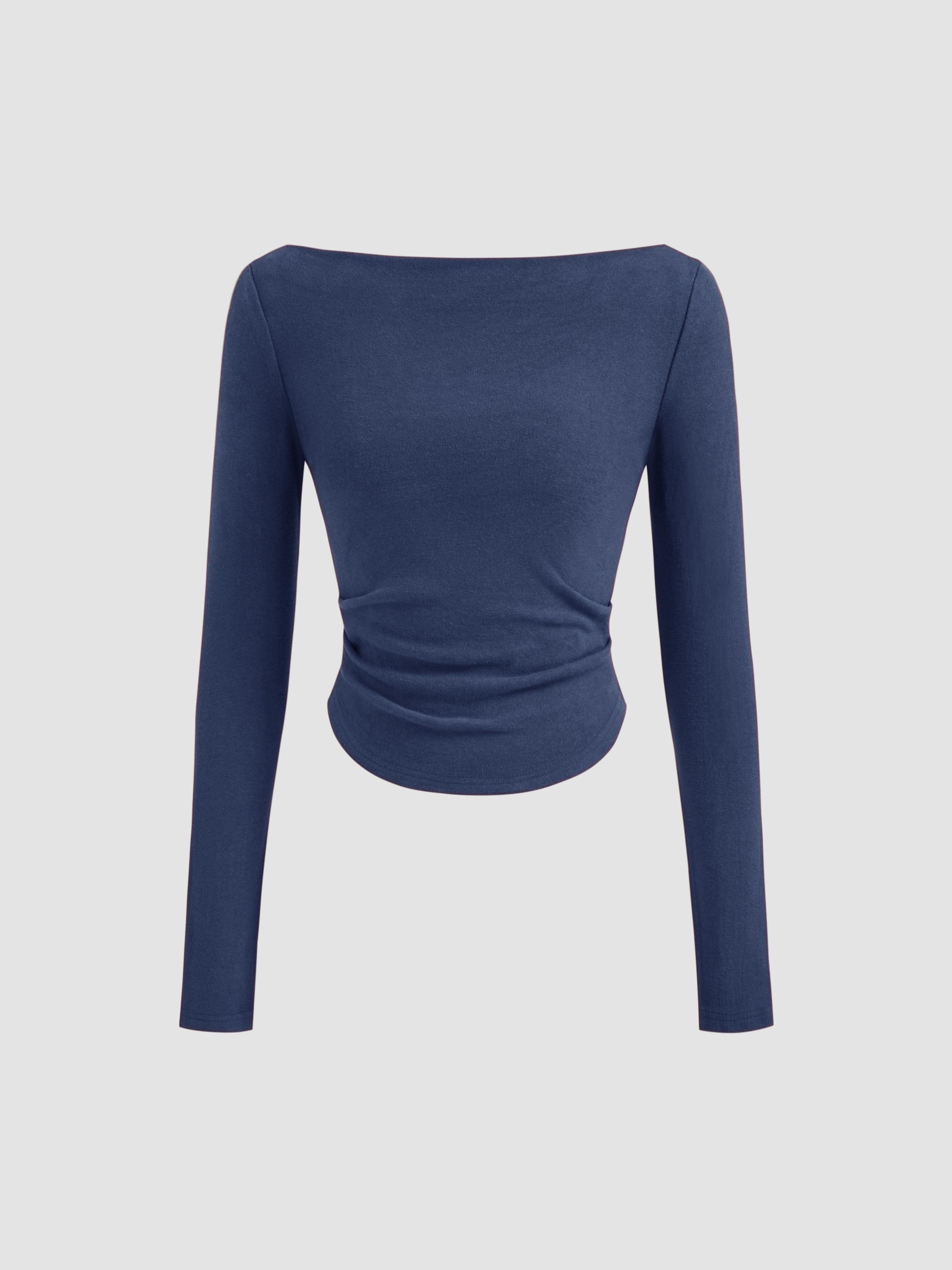 Thermal Cotton-blend Boat Neck Solid Ruched Long Sleeve Tee by CIDER