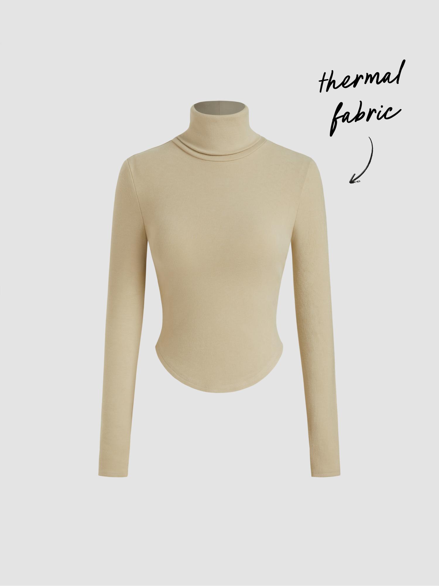 Thermal Cotton-blend High Neck Thumb Hole Solid Long Sleeve Tee by CIDER