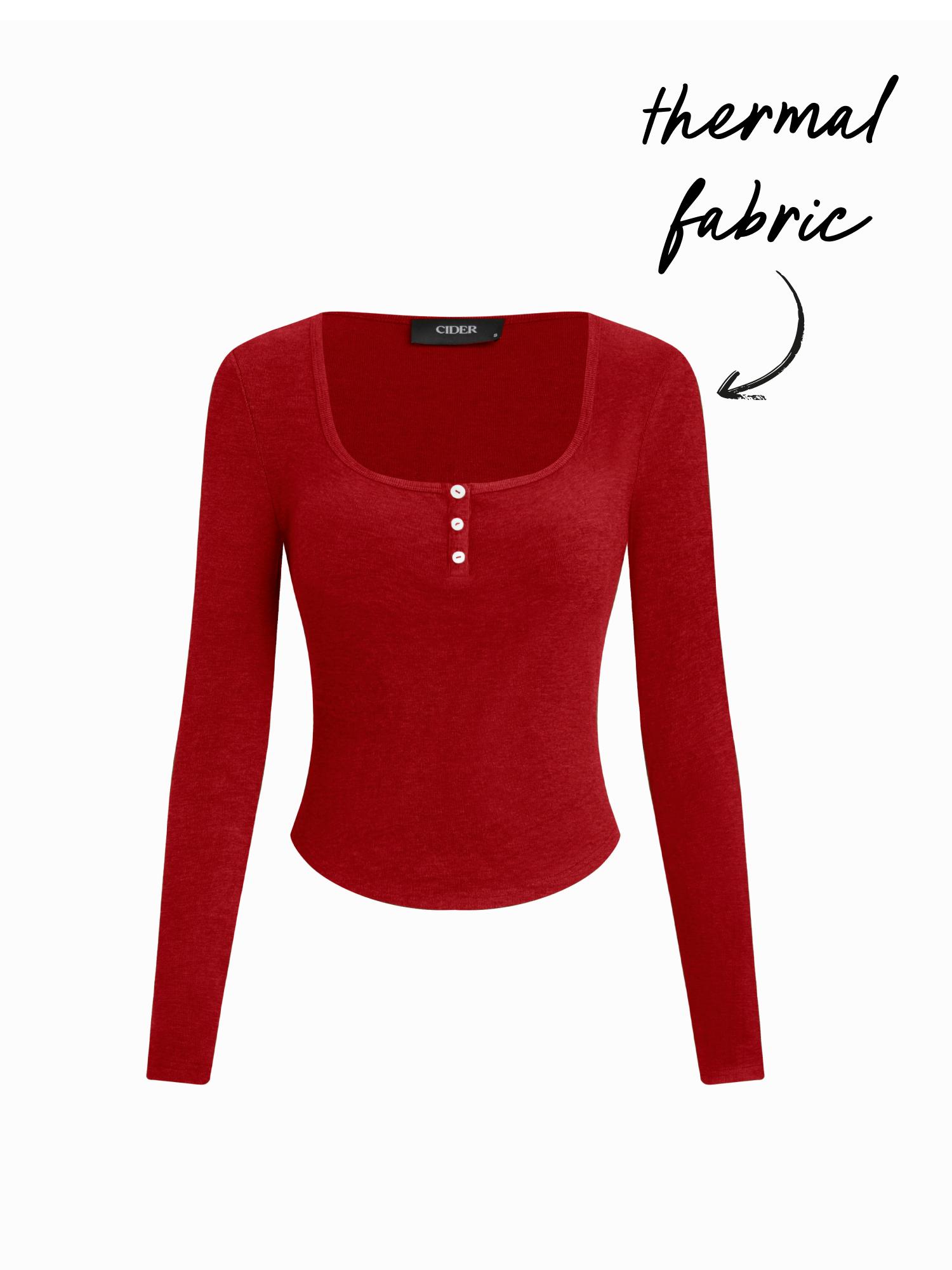 Thermal Cotton-blend  Scoop Neckline Long Sleeve Curved Hem Tee by CIDER