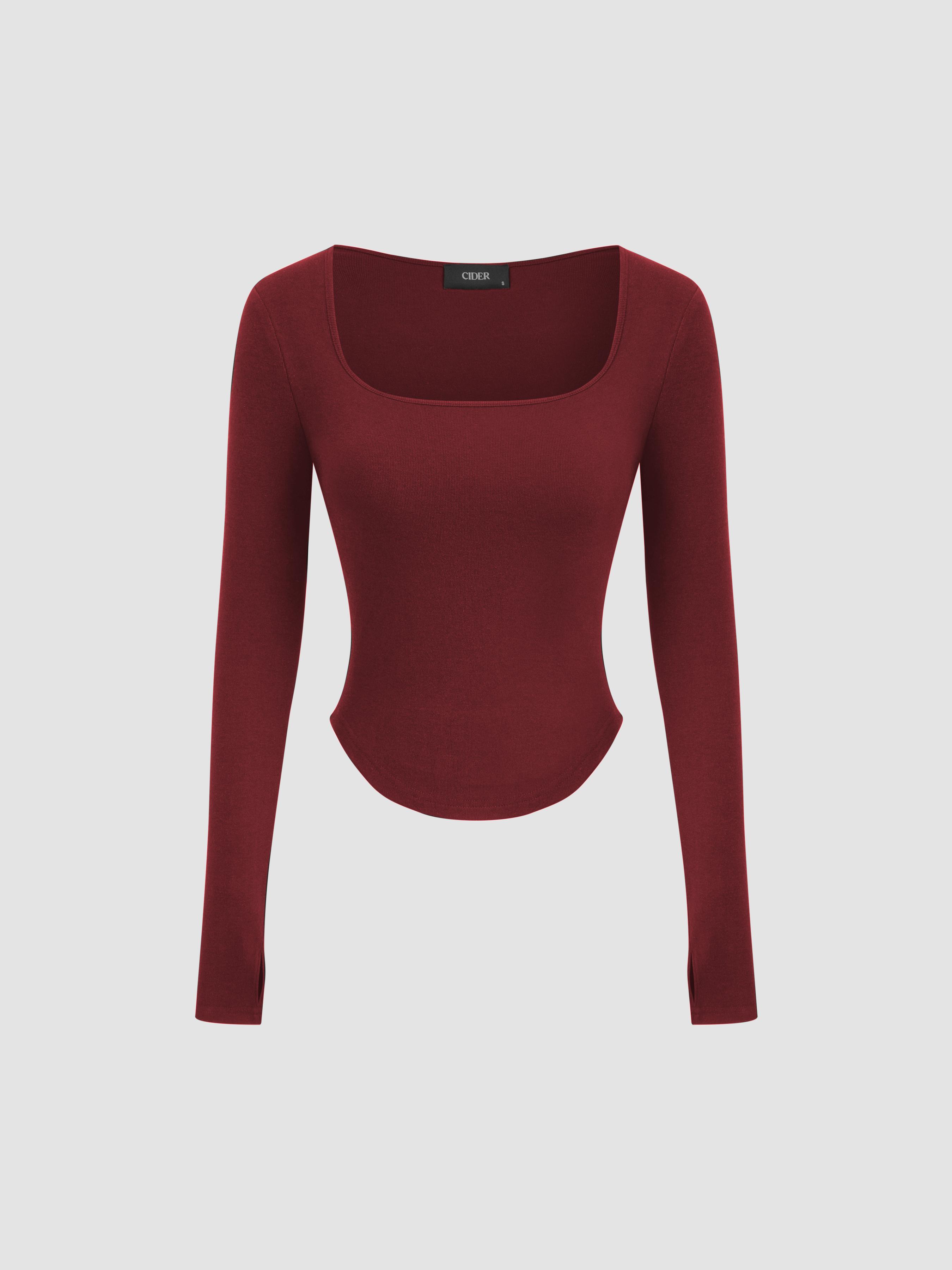 Thermal Cotton-blend Square Neck Solid Thumb Hole Long Sleeve Tee by CIDER