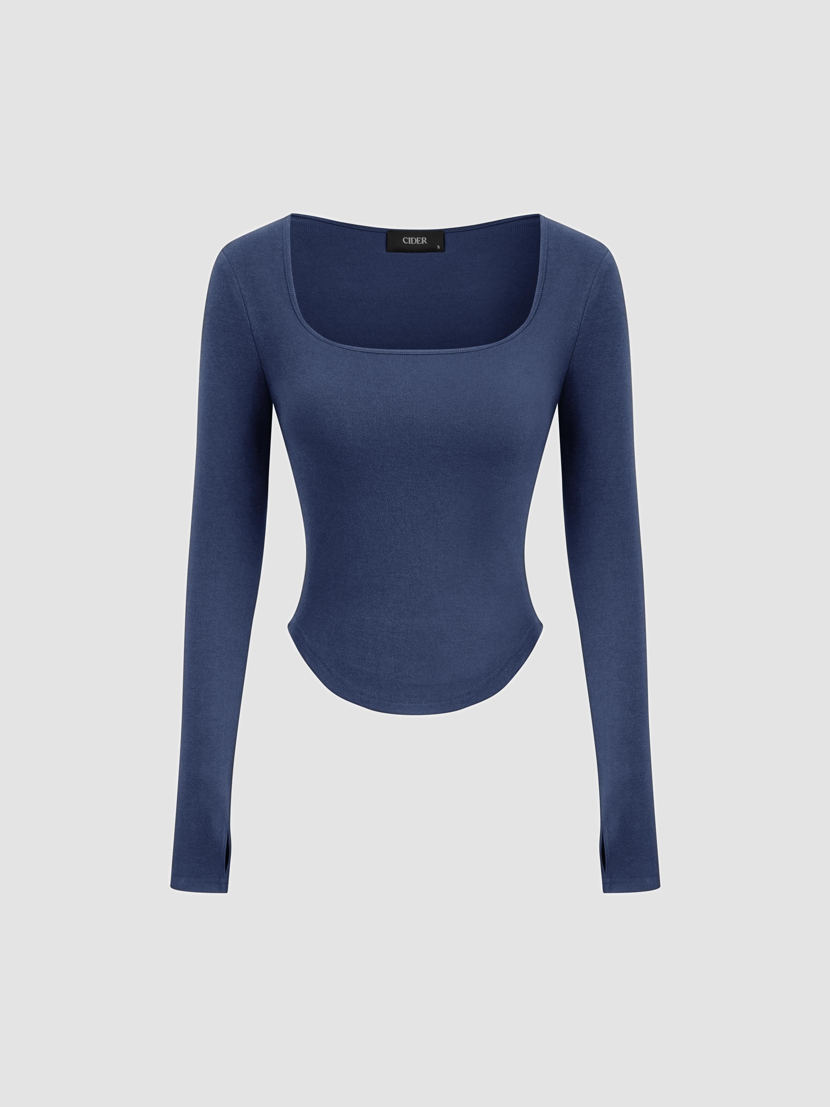 Thermal Cotton-blend Square Neck Solid Thumb Hole Long Sleeve Tee by CIDER