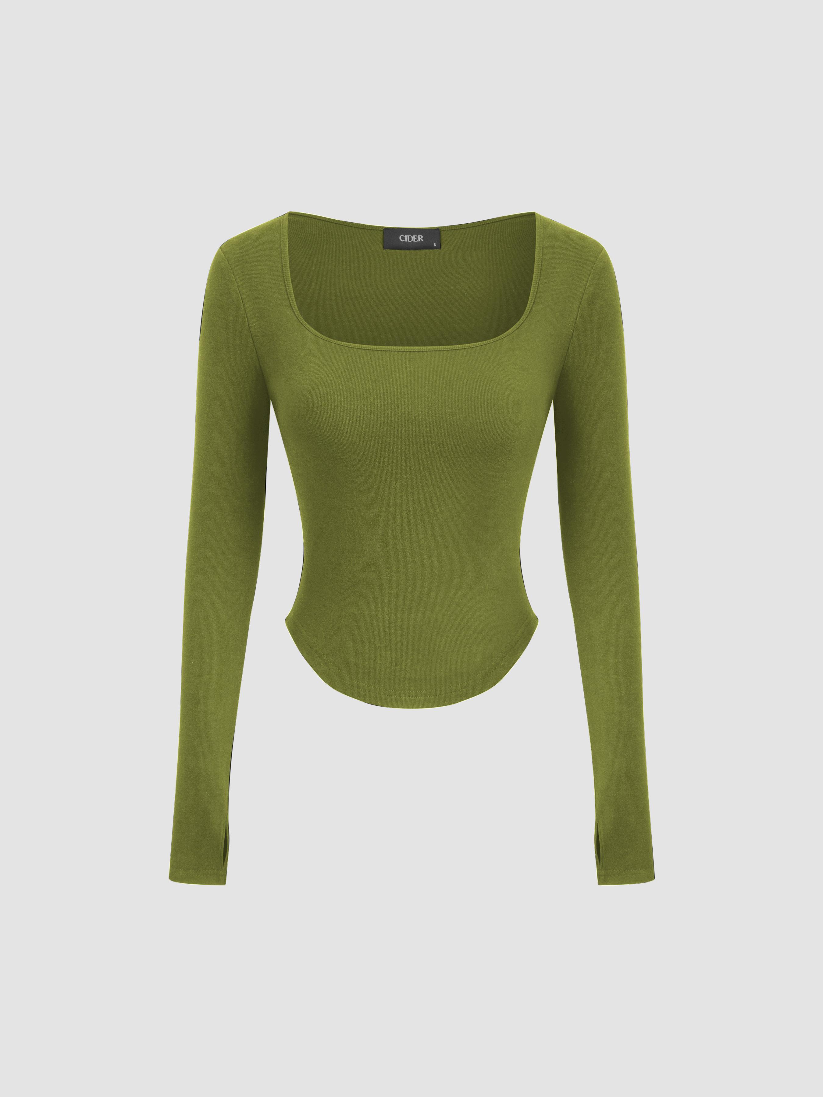 Thermal Cotton-blend Square Neck Solid Thumb Hole Long Sleeve Tee by CIDER