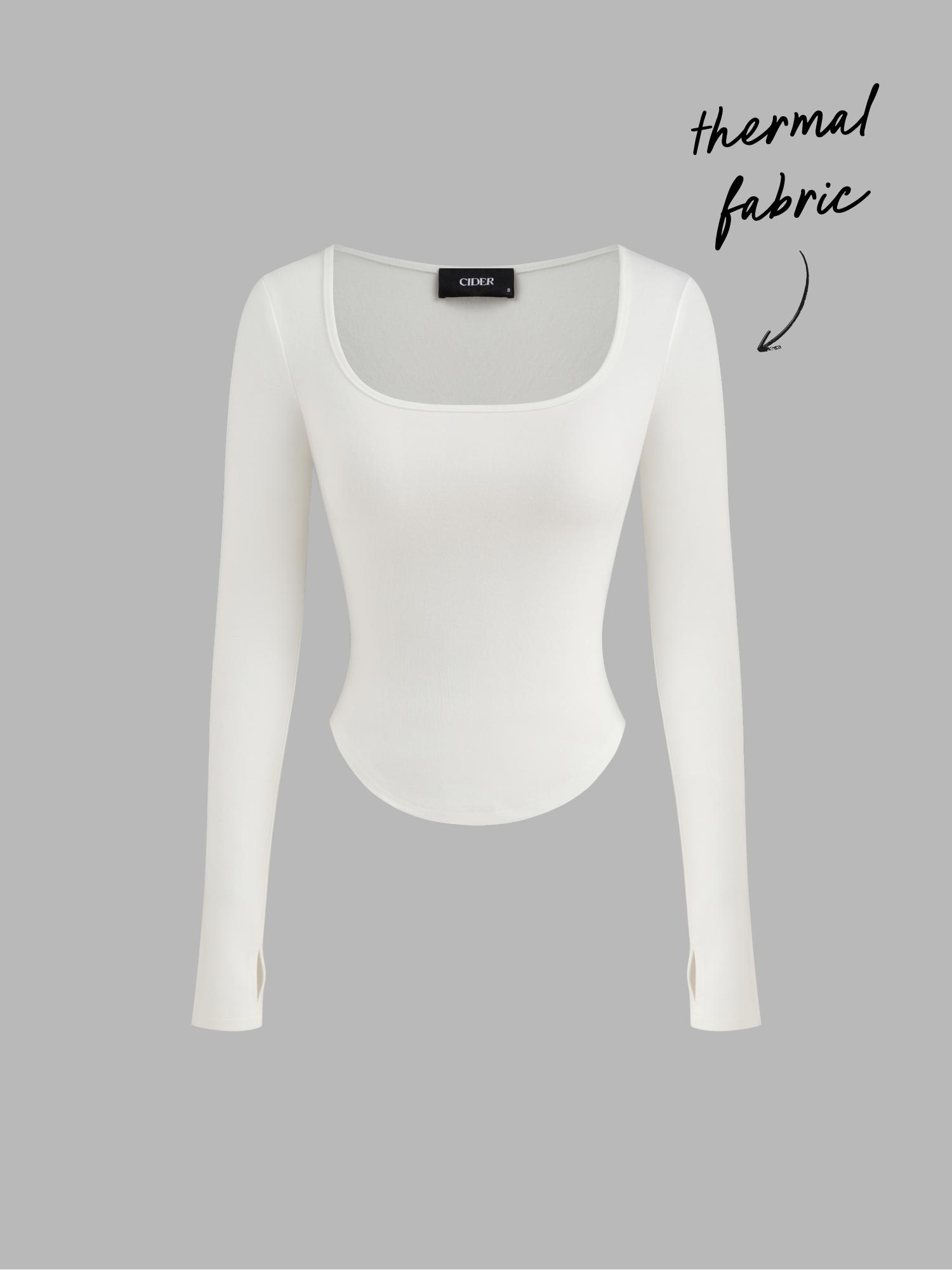 Thermal Cotton-blend Square Neck Solid Thumb Hole Long Sleeve Tee by CIDER