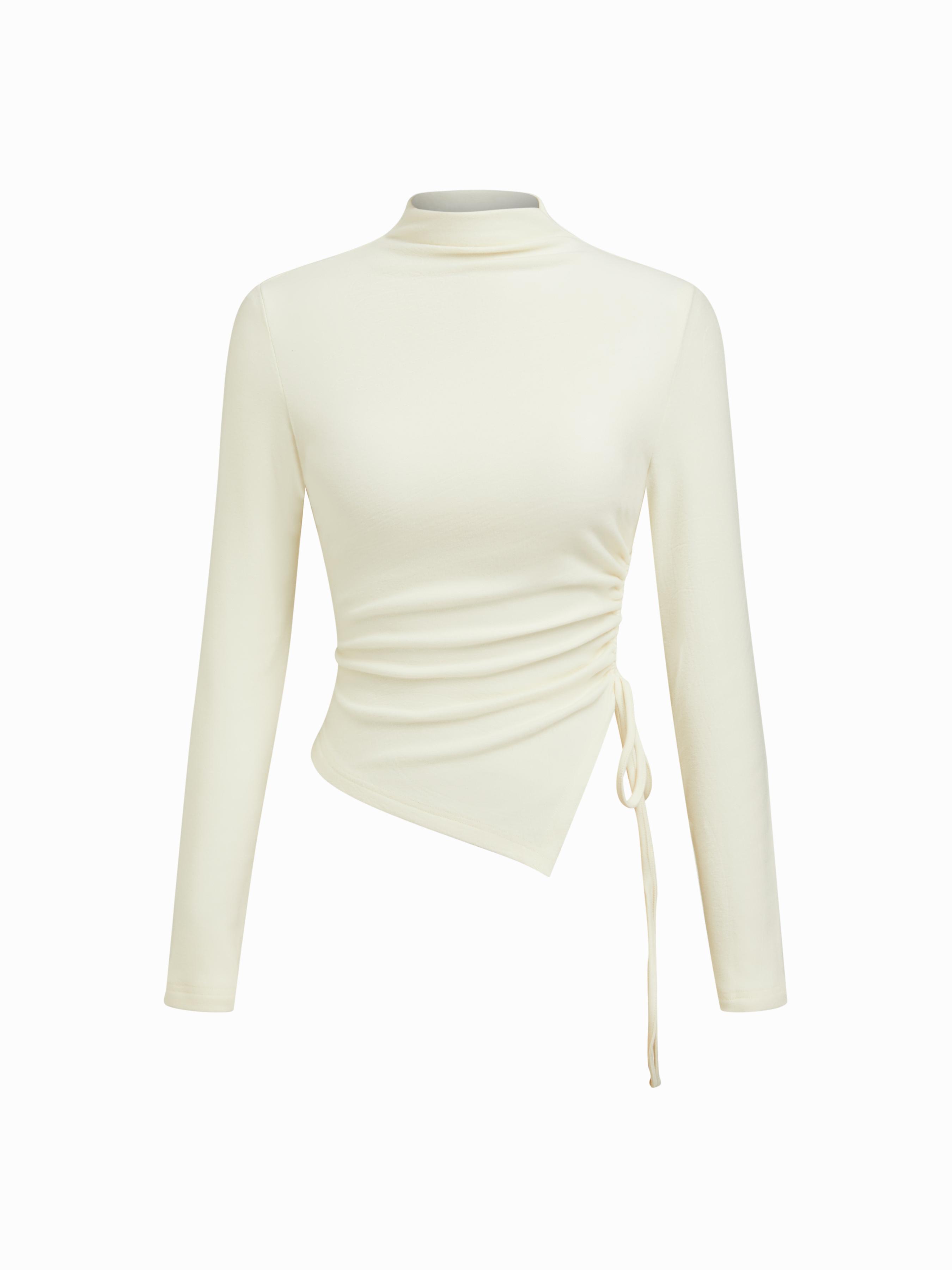 Thermal Cotton-blend Stand Collar Long Sleeve Drawstring Ruched Asymmetrical Hem Top by CIDER