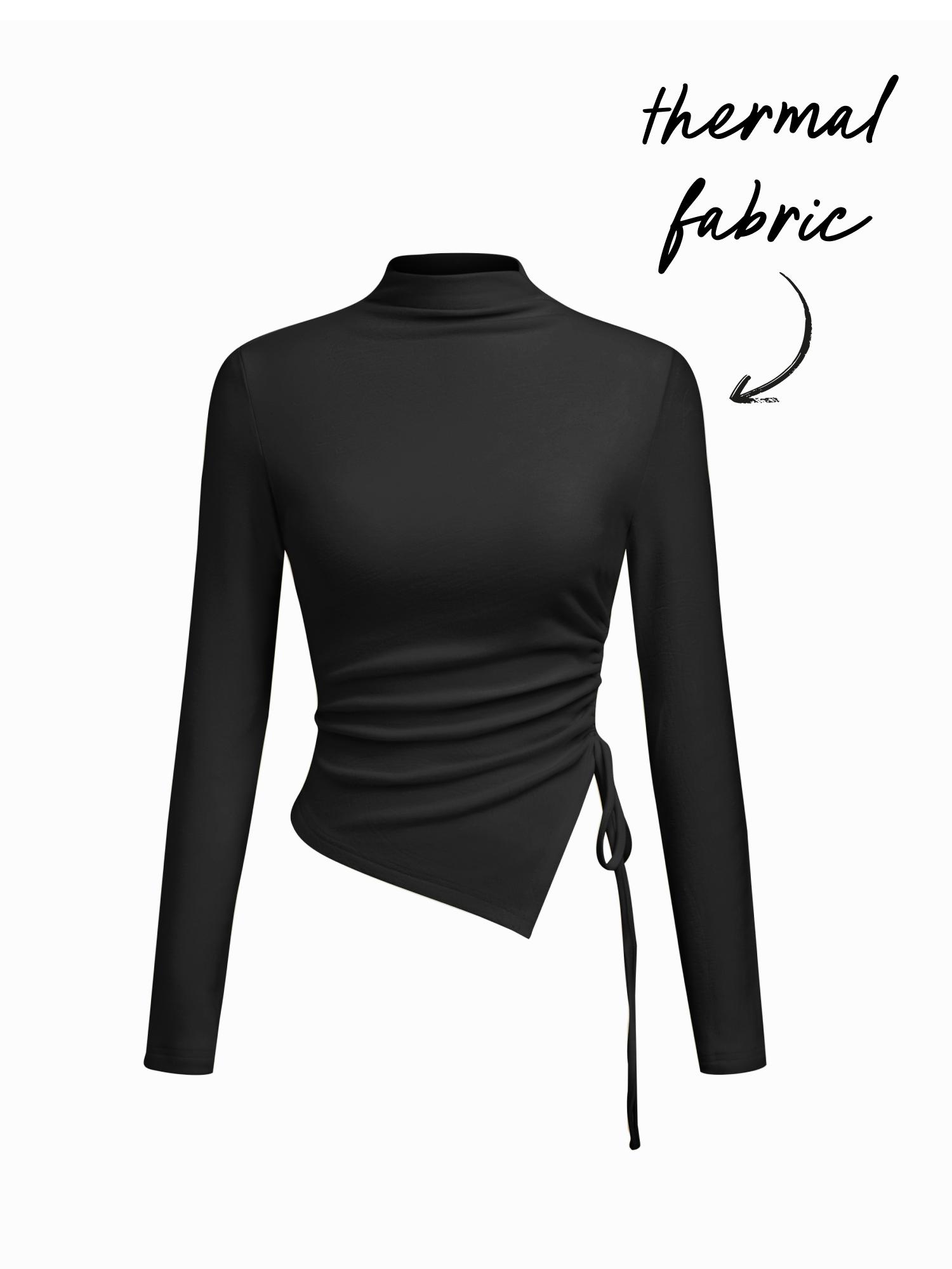 Thermal Cotton-blend Stand Collar Long Sleeve Drawstring Ruched Asymmetrical Hem Top by CIDER