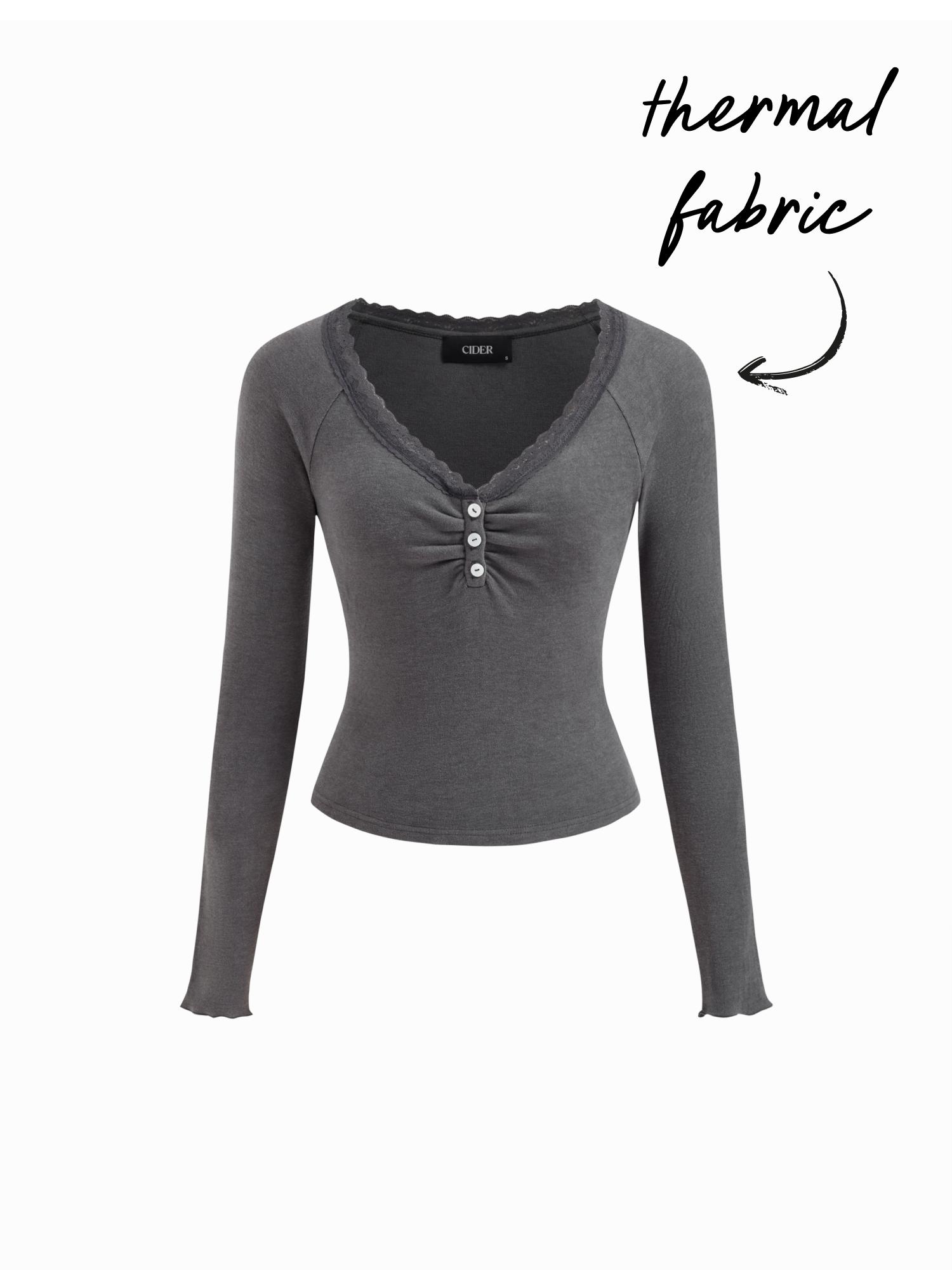 Thermal Cotton-blend V-neck Long Sleeve Lace Trim Ruched Tee by CIDER