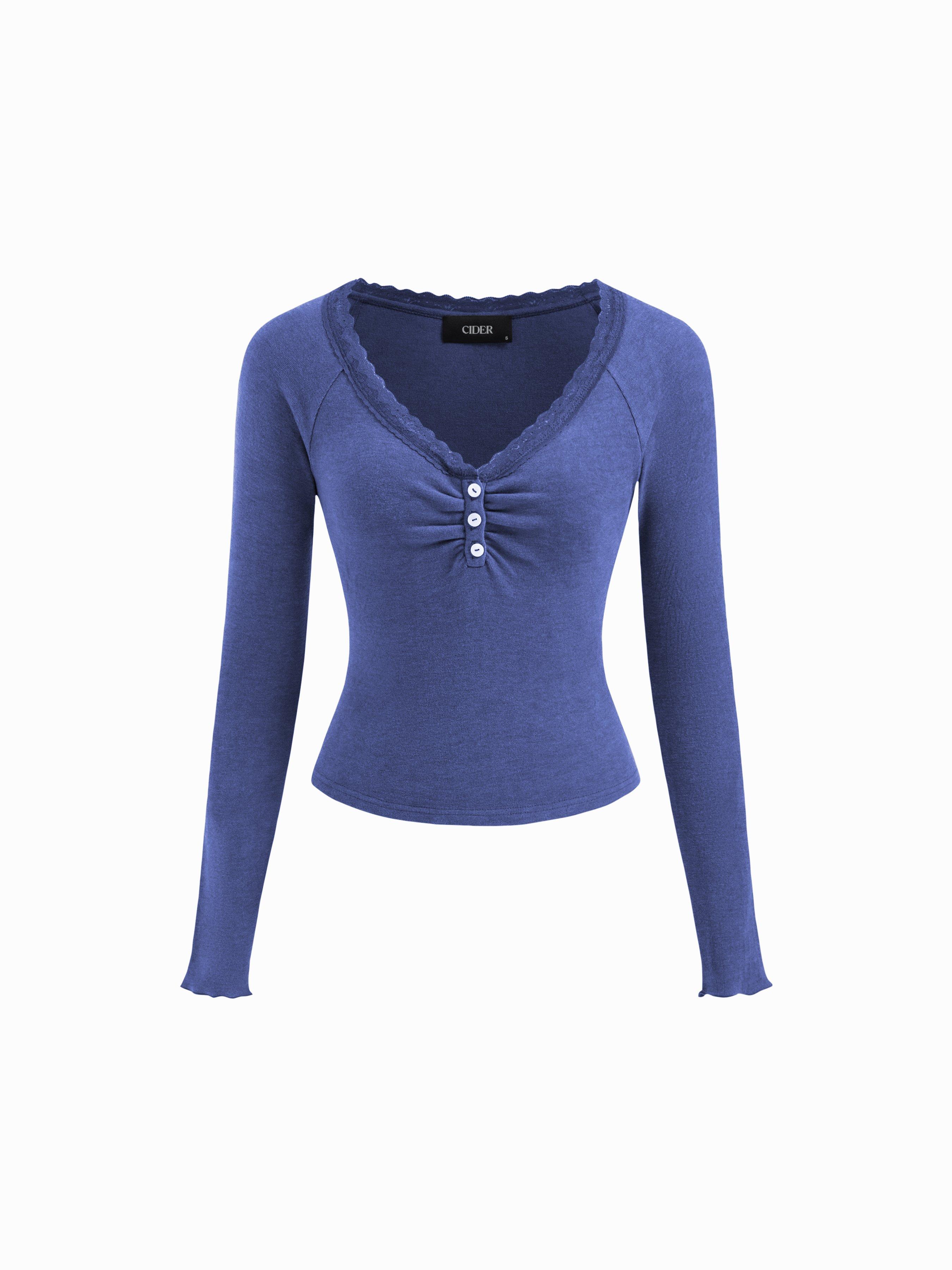 Thermal Cotton-blend V-neck Long Sleeve Lace Trim Ruched Tee by CIDER