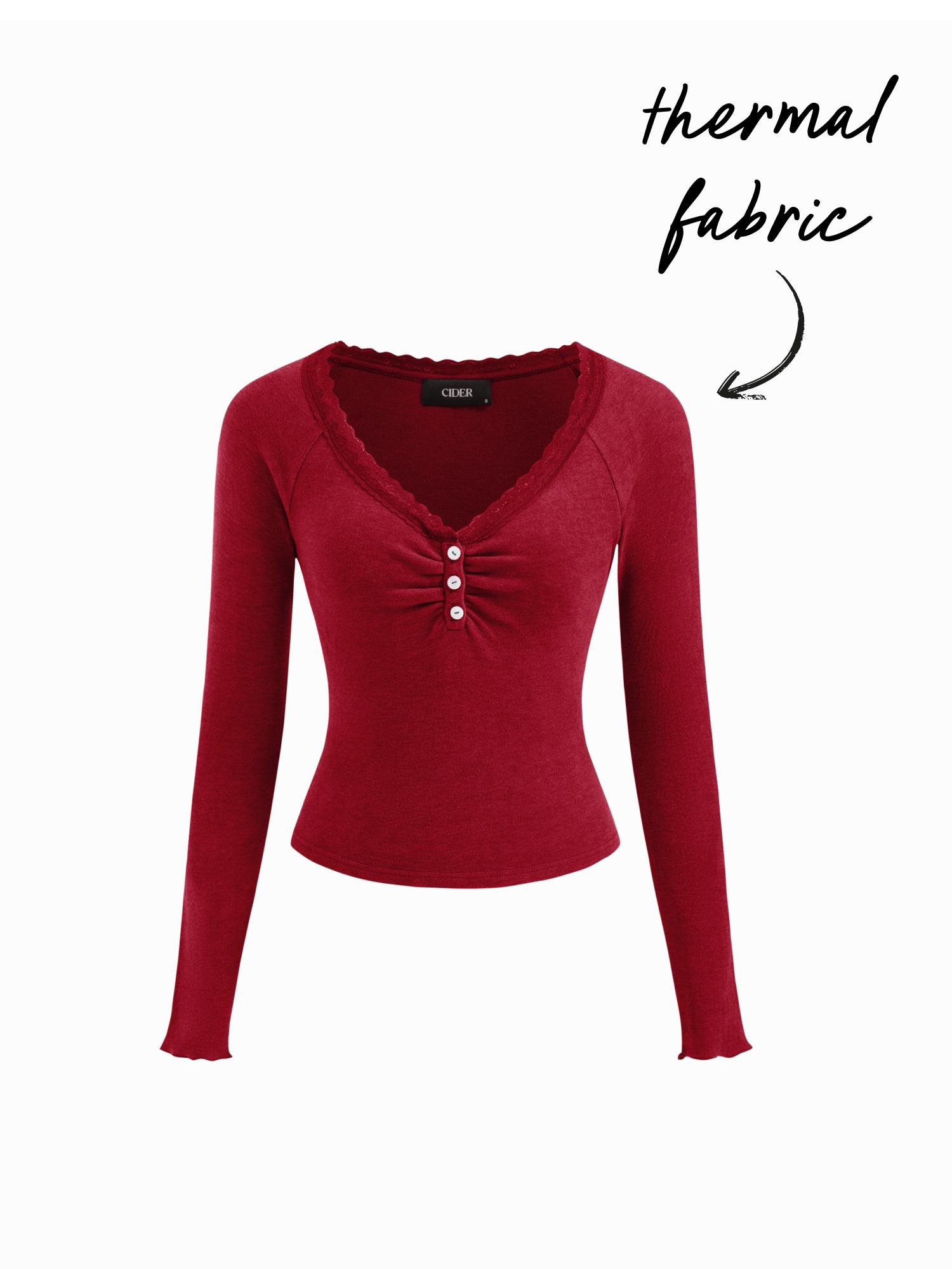 Thermal Cotton-blend V-neck Long Sleeve Lace Trim Ruched Tee by CIDER Thermal Cotton-blend V-neck Long Sleeve Lace Trim Ruched Tee by CIDER