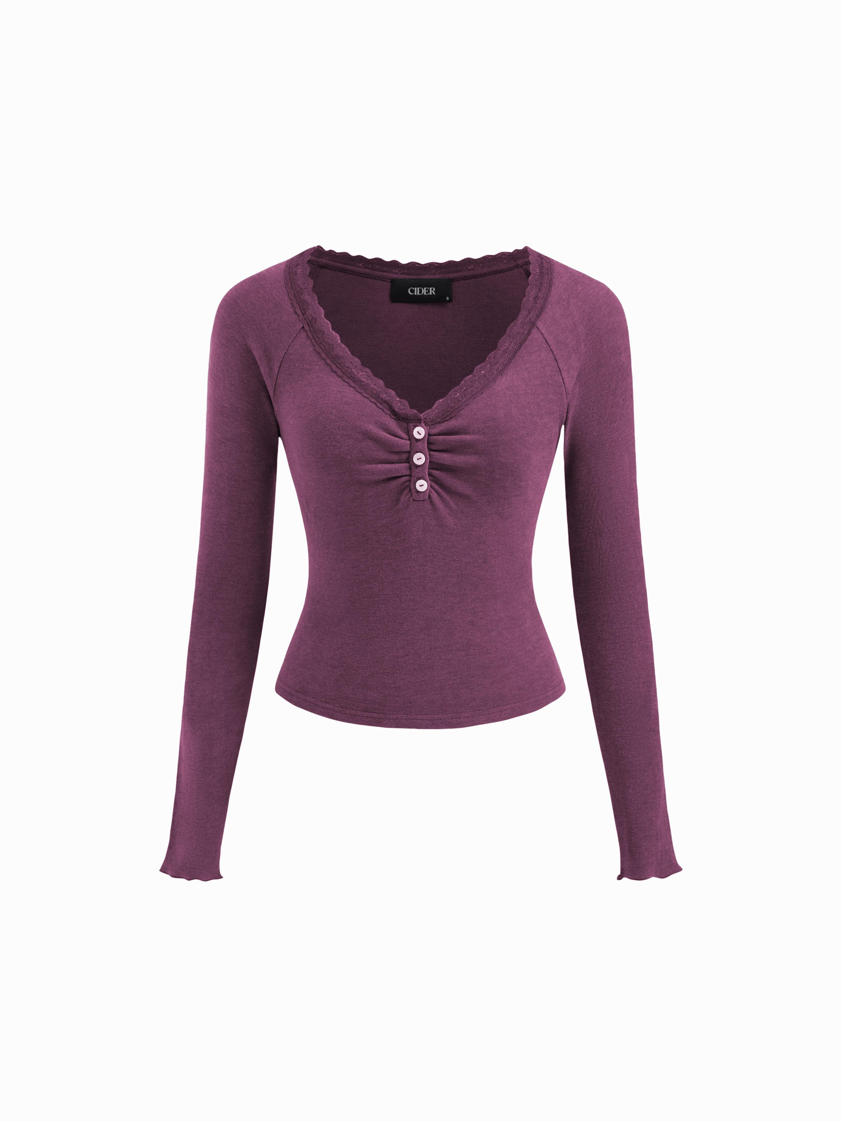 Thermal Cotton-blend V-neck Long Sleeve Lace Trim Ruched Tee by CIDER