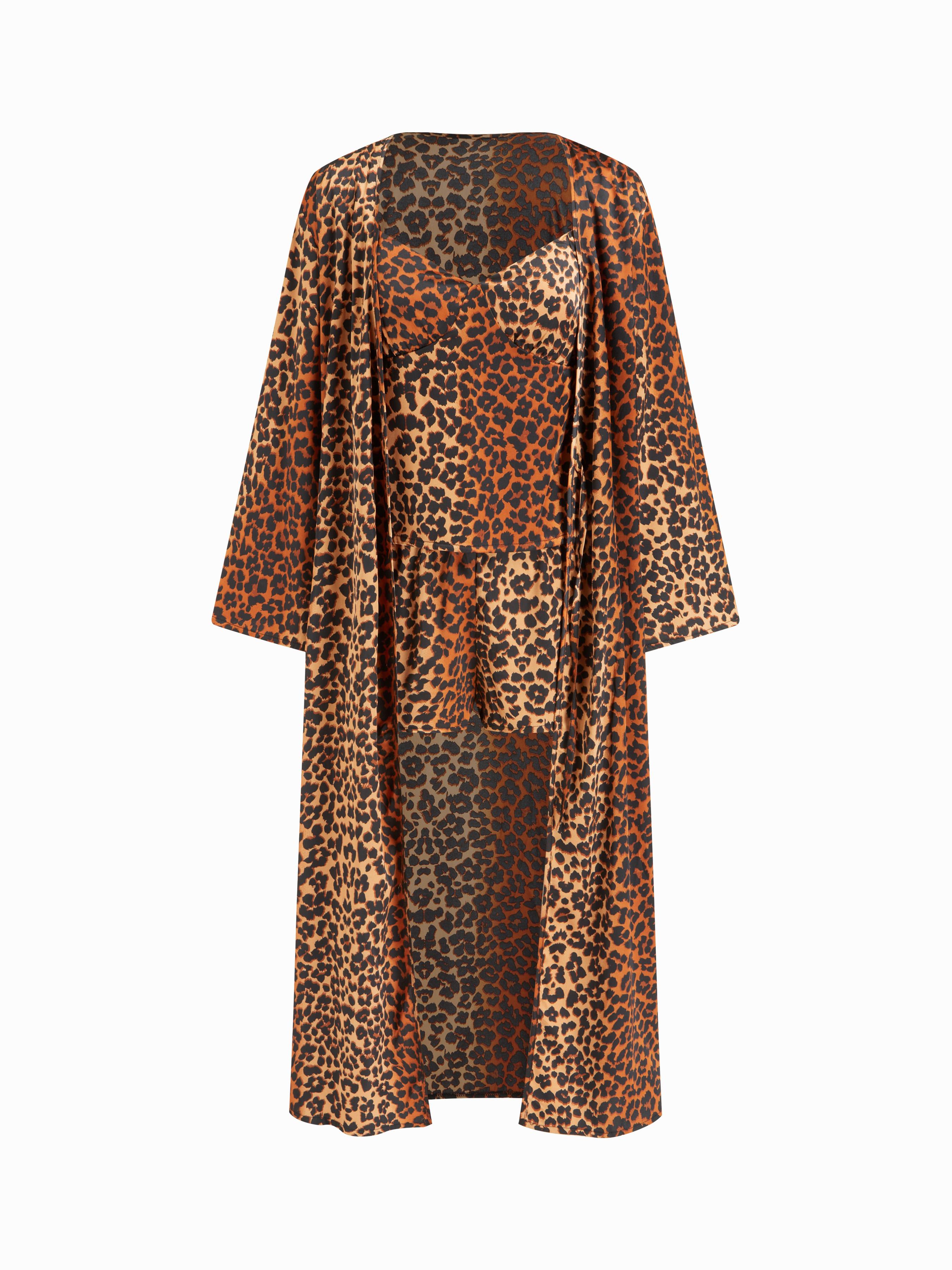 Three-piece Satin Leopard Print V-neck Cami Top & Mid Rise Loungewear Shorts & Robe With Belt by CIDER