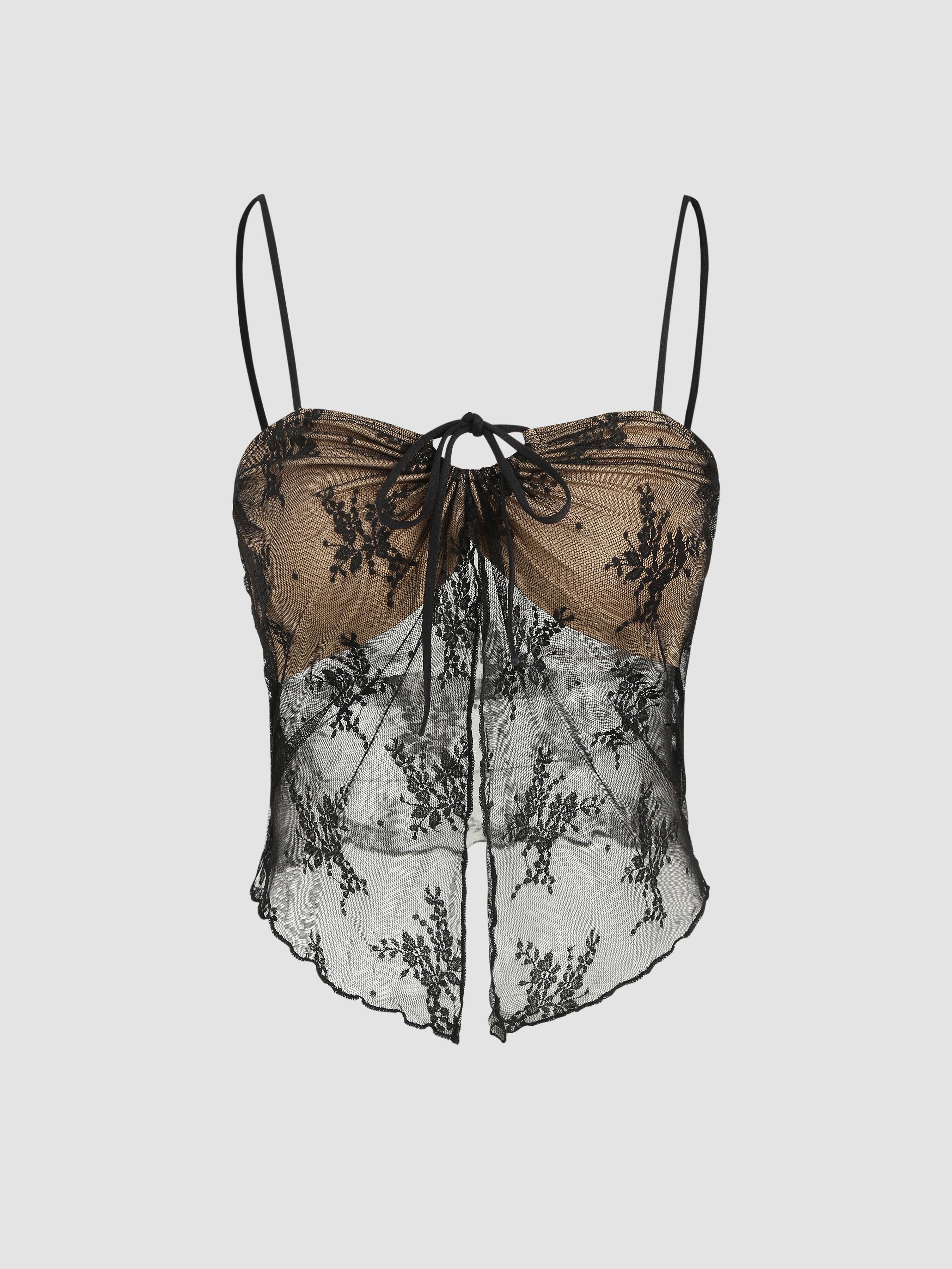 Tie Up Lace Floral Cami Crop Top by CIDER