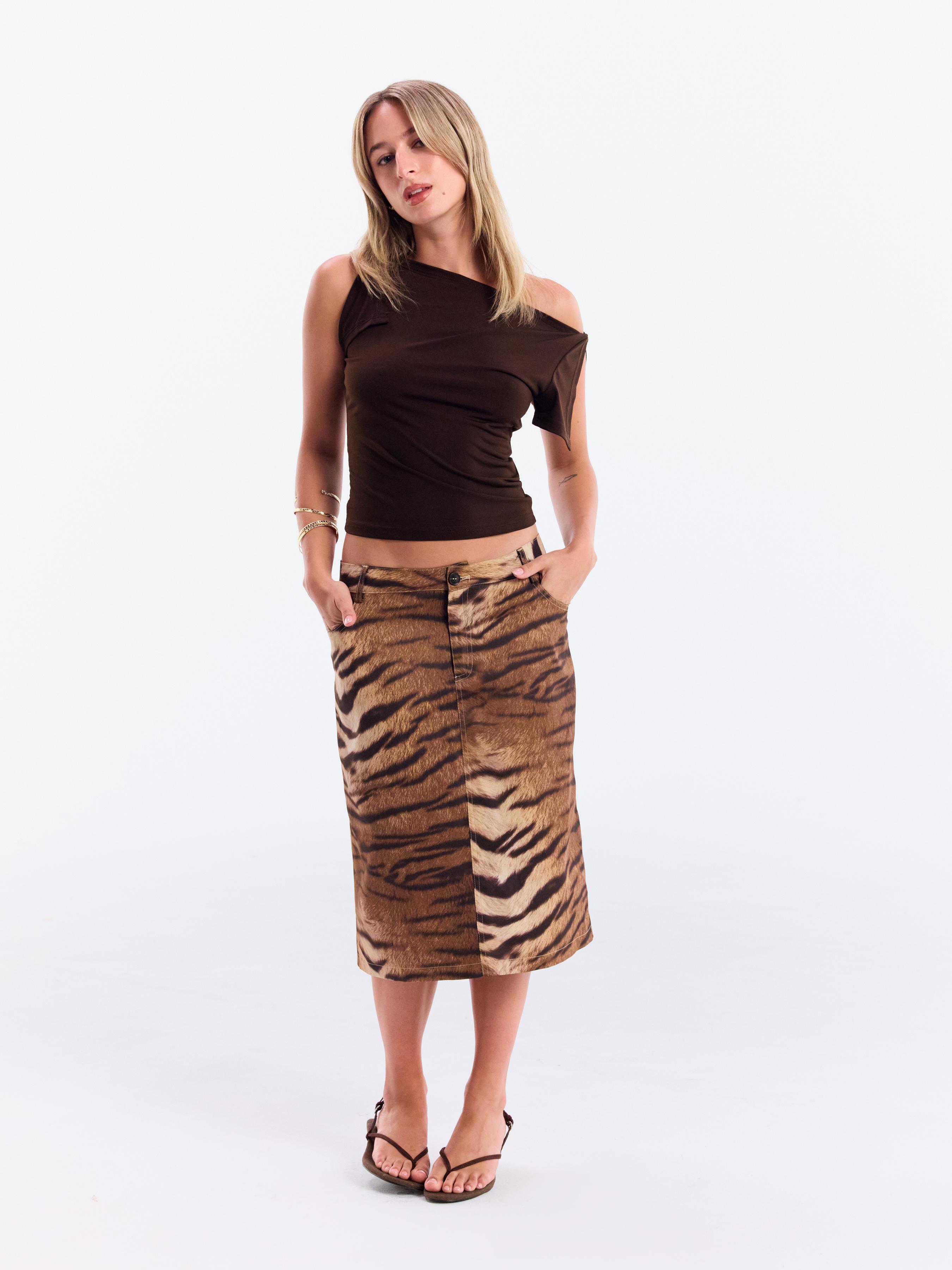 Tiger Print Low Rise Split Side Midi Pencil Skirt by CIDER