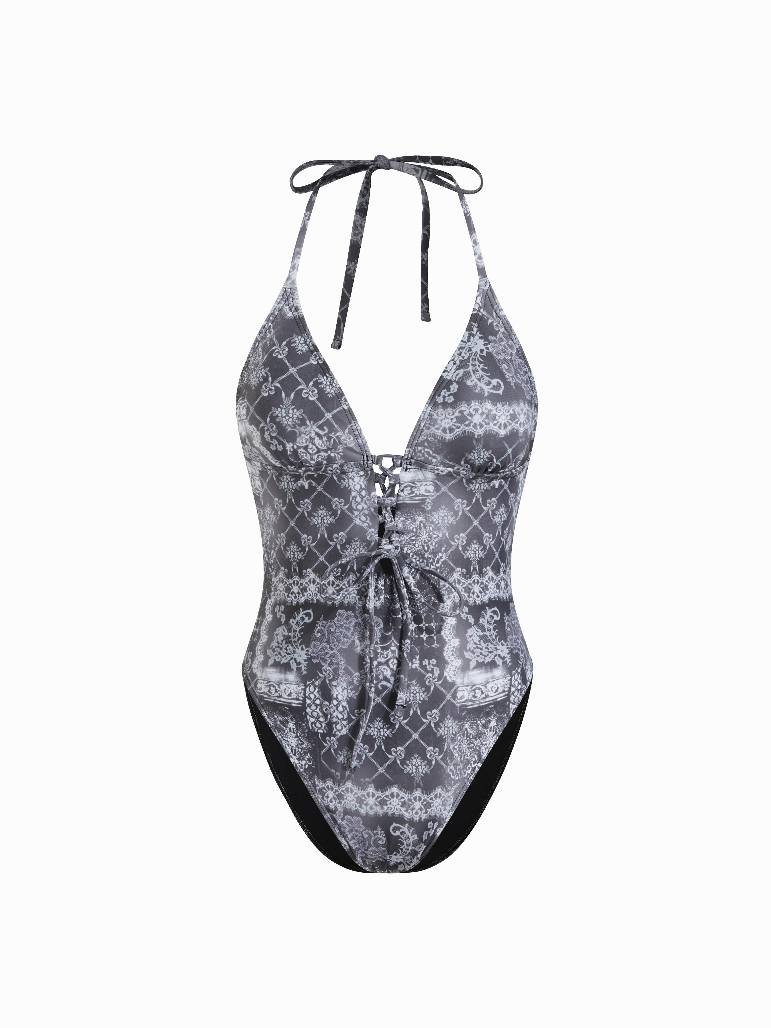 Tile Halter Neckline Lace Up High Stretch One-piece Swimsuit by CIDER