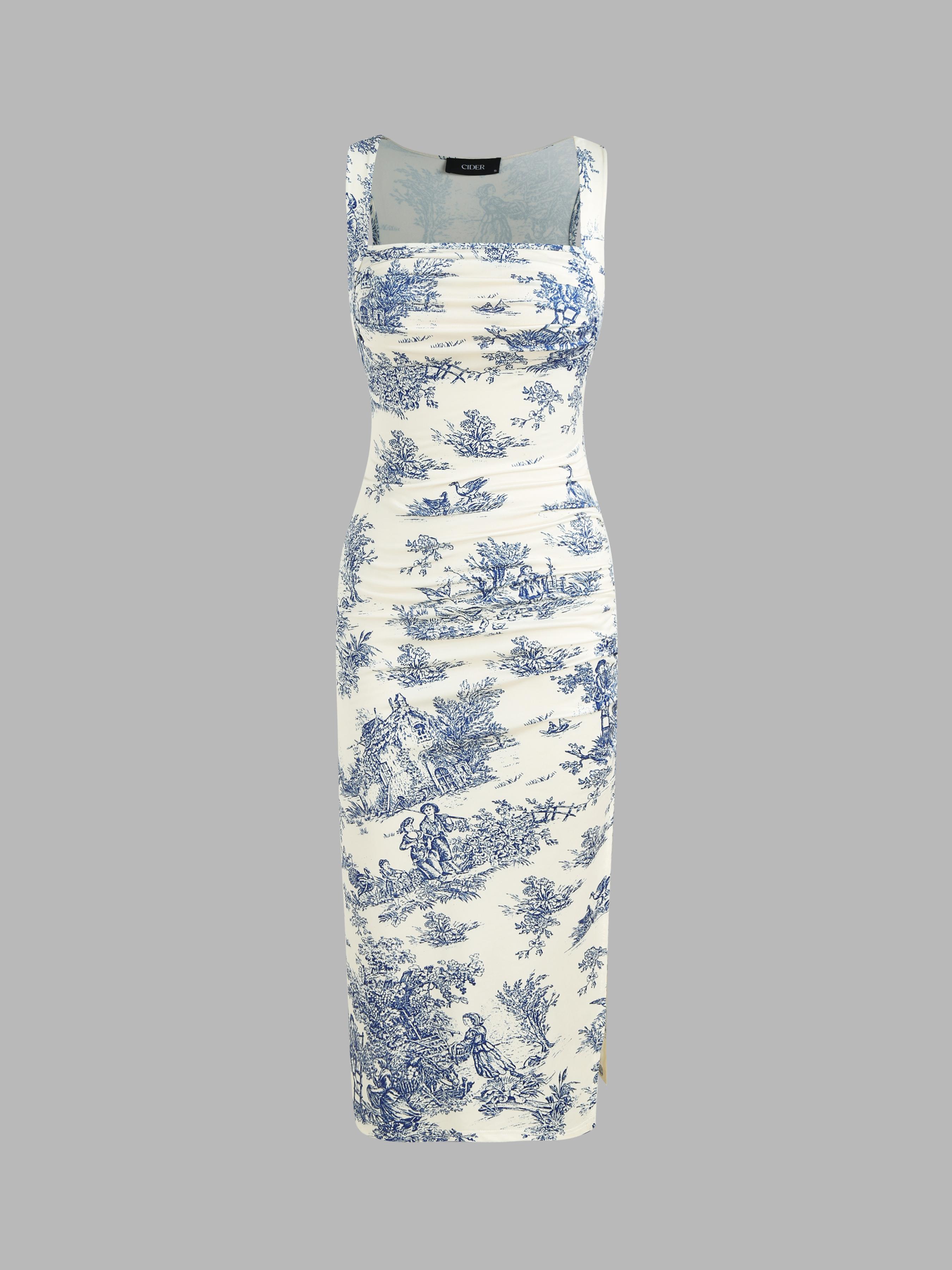 Toile de Jouy Ruched Split Maxi Dress by CIDER