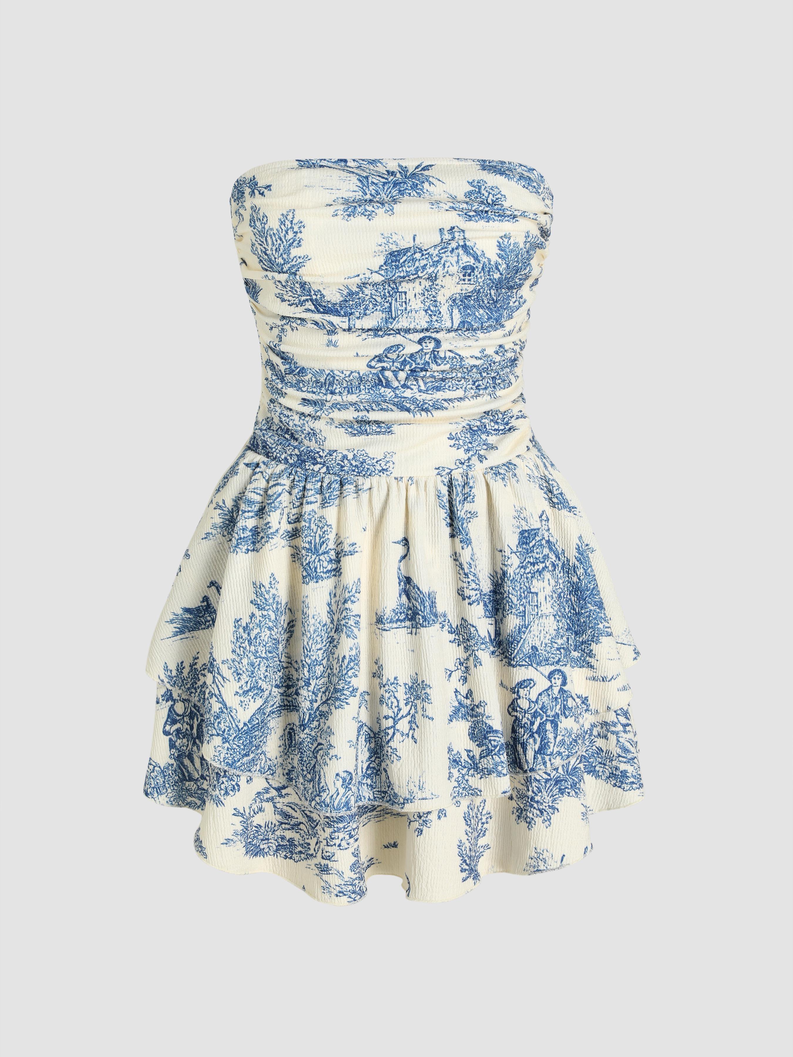 Toile de Jouy Shirred Ruched Mini Dress by CIDER