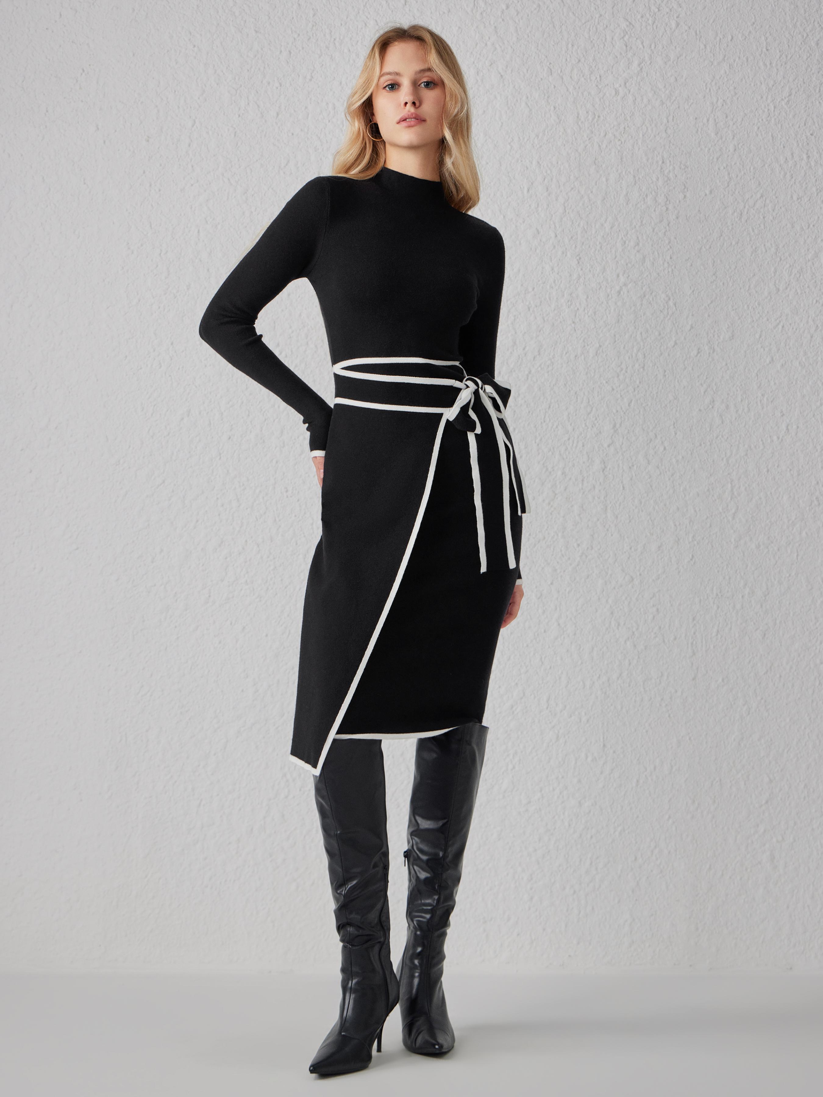 Turtleneck Belted Bowknot Knitted Maxi Dress by CIDER
