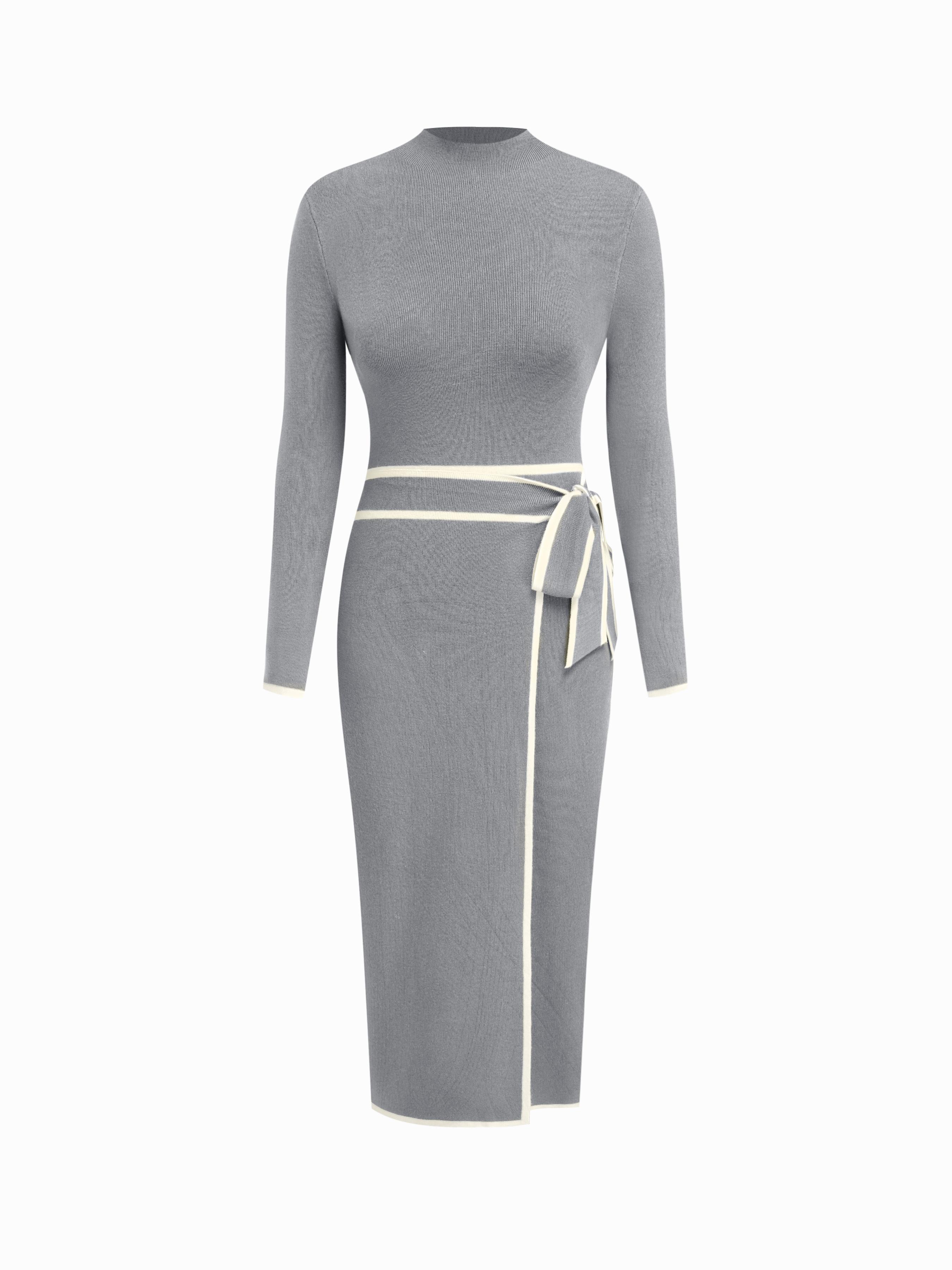 Turtleneck Belted Bowknot Knitted Maxi Dress by CIDER