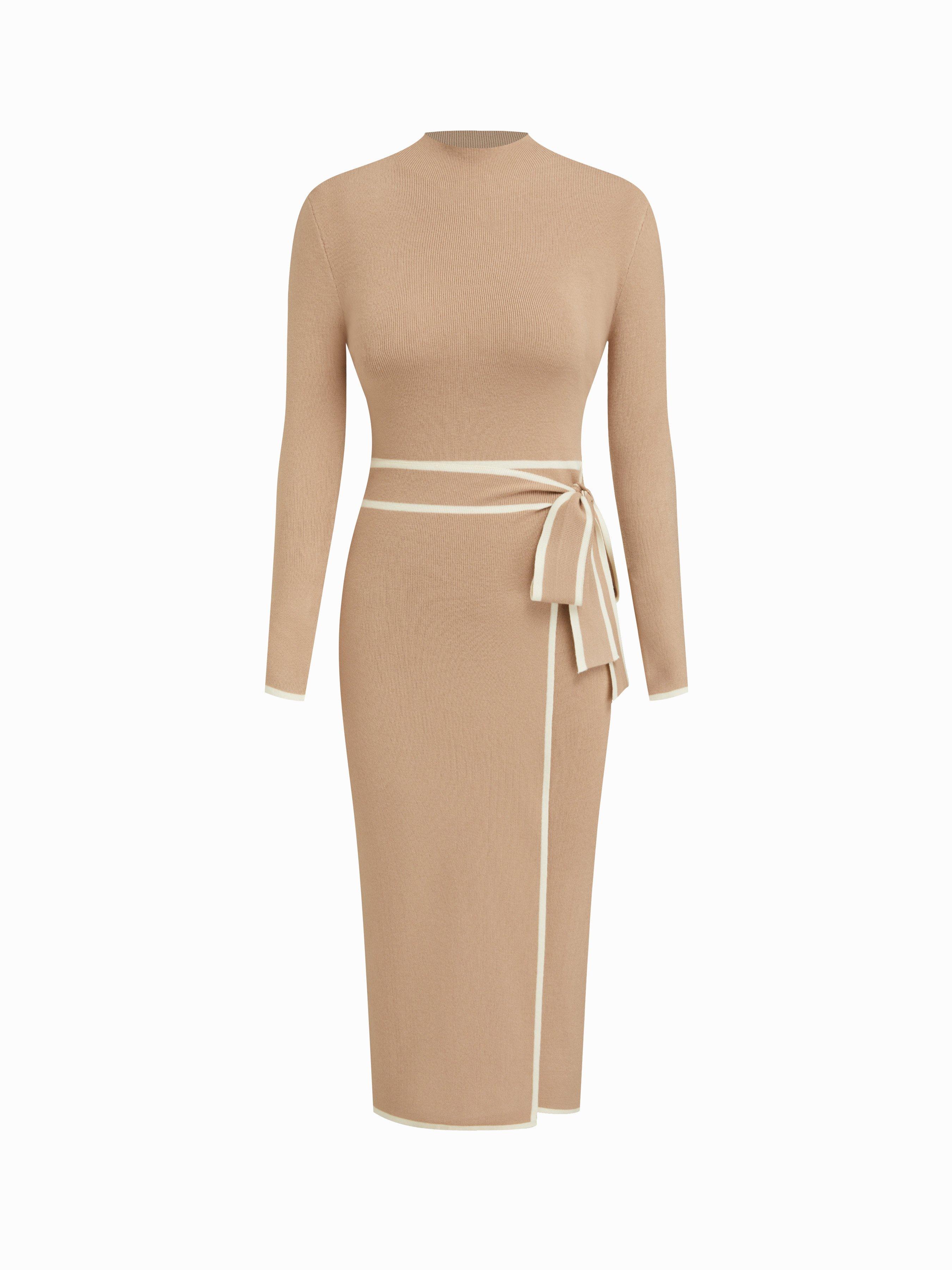 Turtleneck Belted Bowknot Knitted Maxi Dress by CIDER