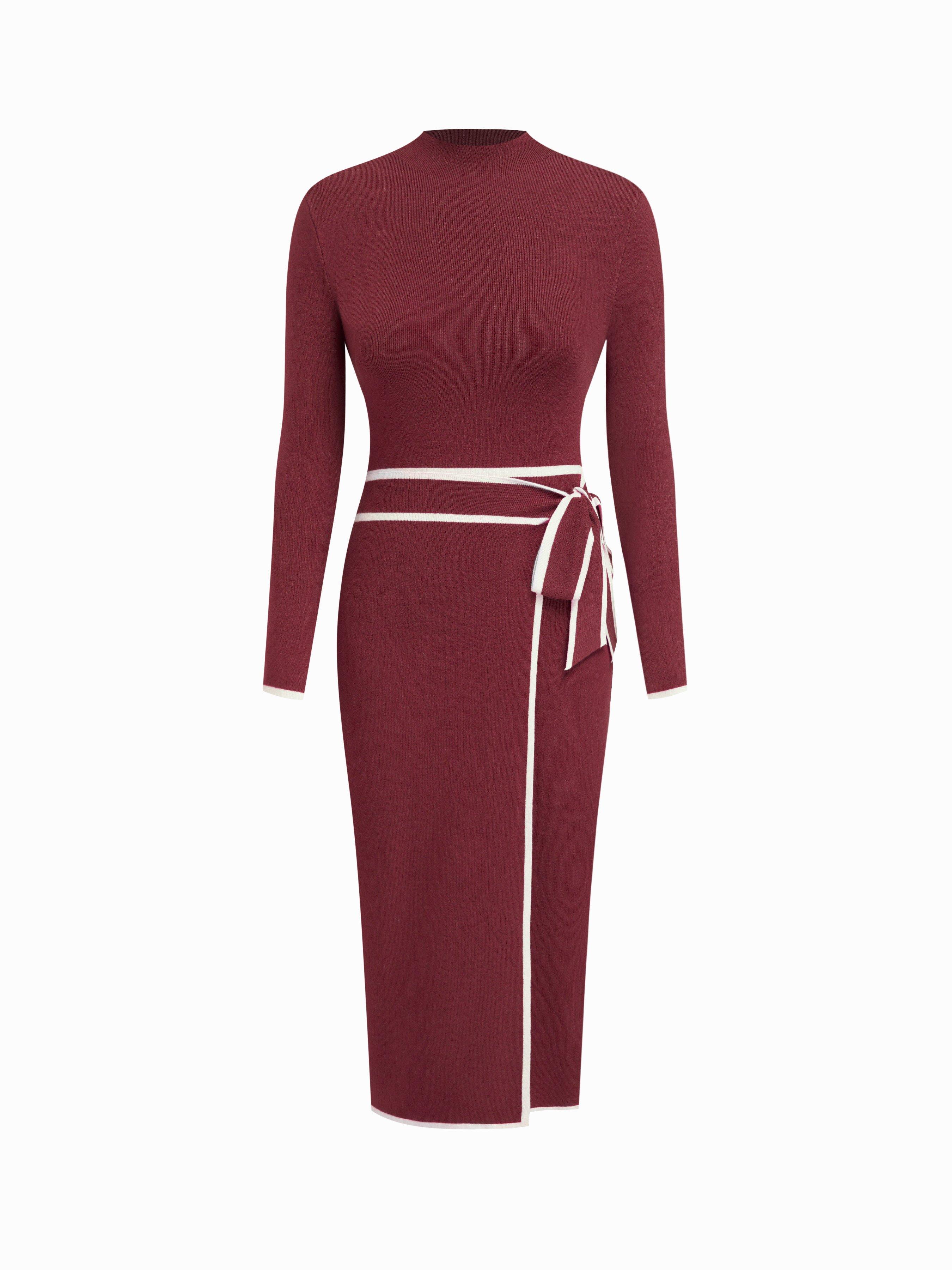 Turtleneck Belted Bowknot Knitted Maxi Dress by CIDER