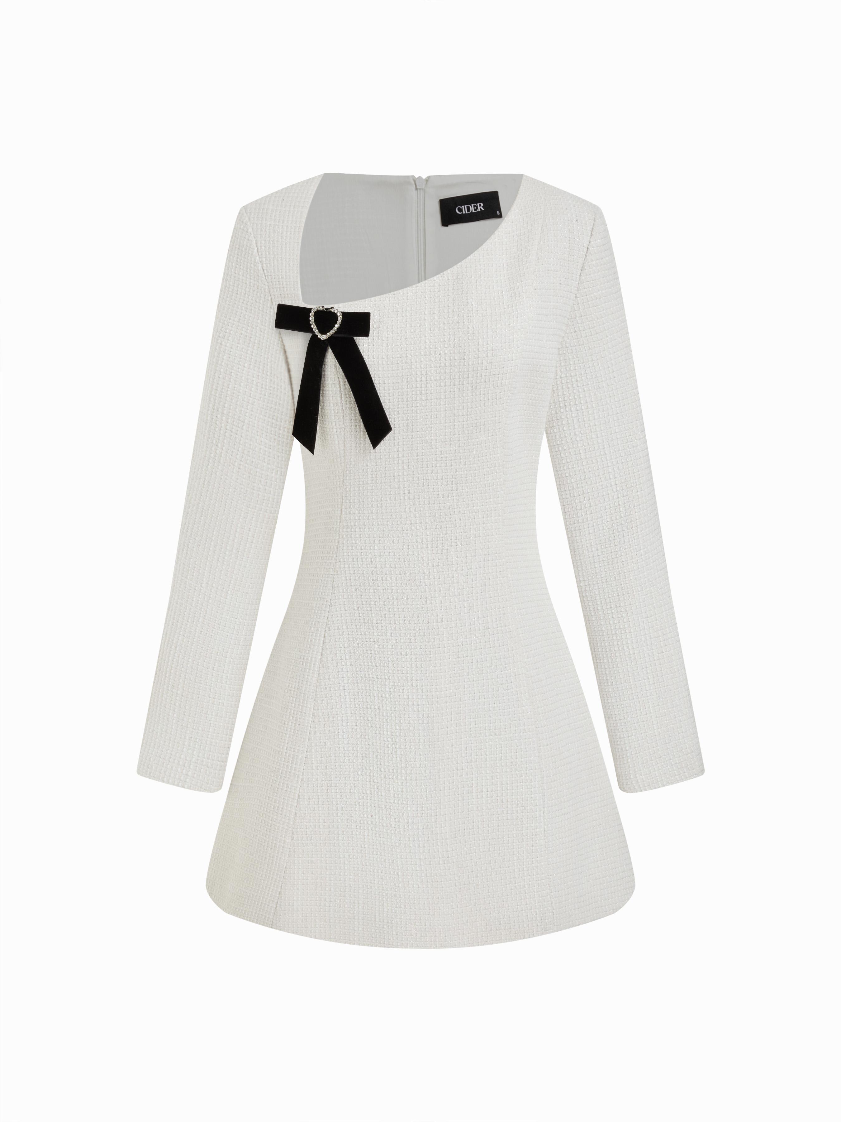 Tweed Asymmetrical Neck Long Sleeve Rhinestone Bowknot Mini Dress by CIDER