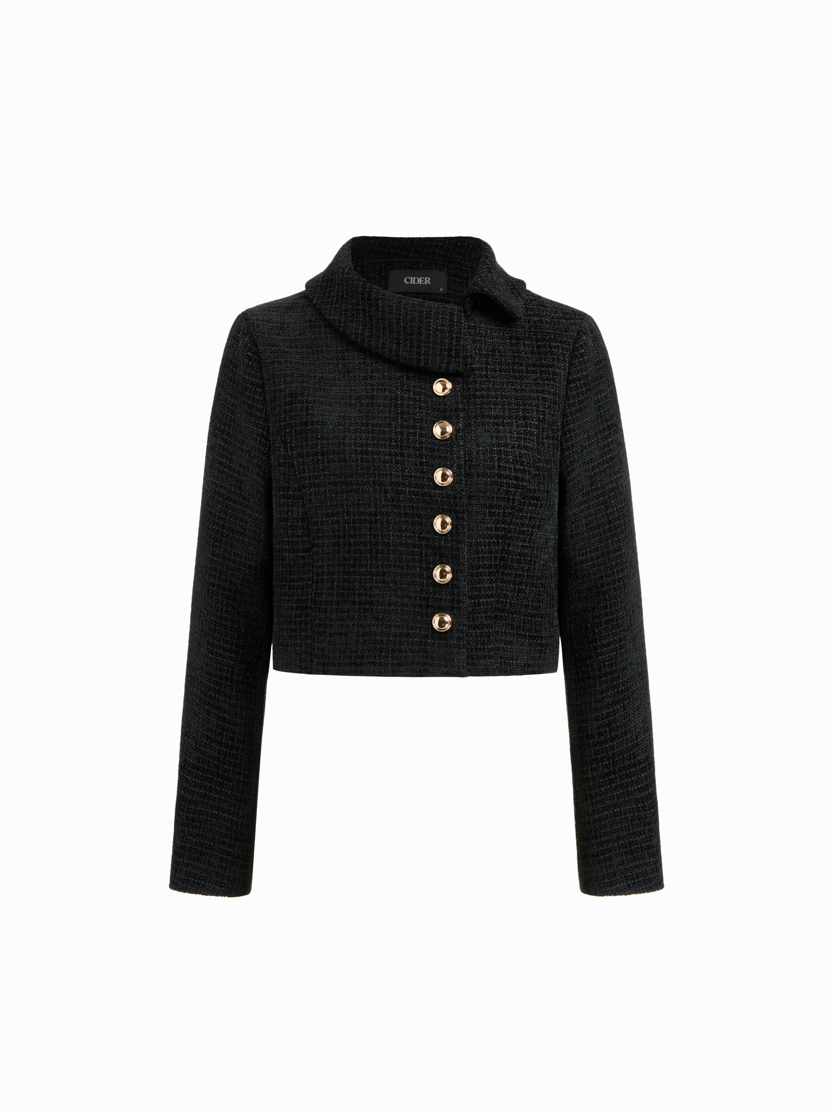 Tweed Collar Long Sleeve Metal Button Jacket by CIDER