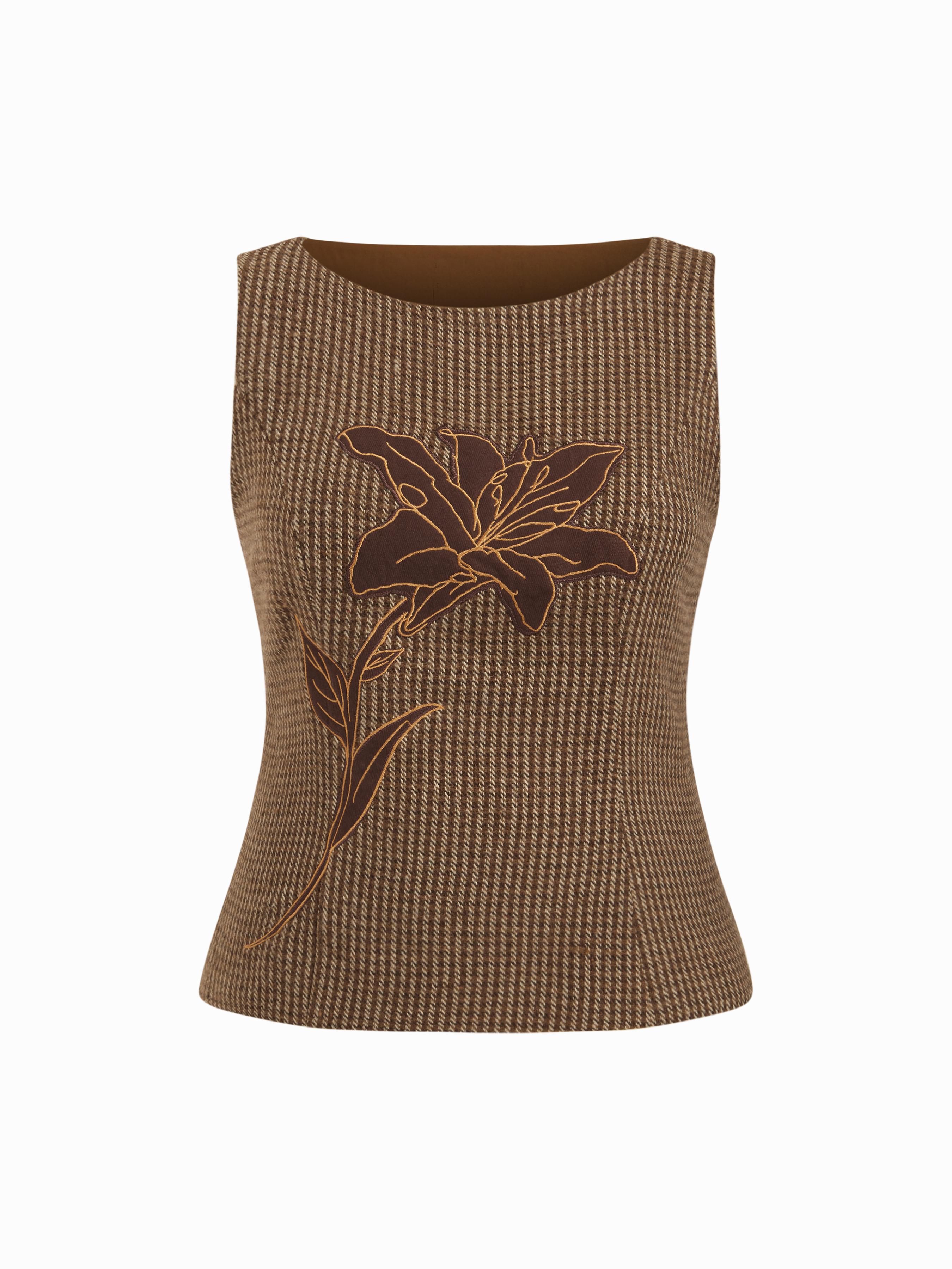 Tweed Floral Applique Check Boat Neck Top Curve & Plus by CIDER