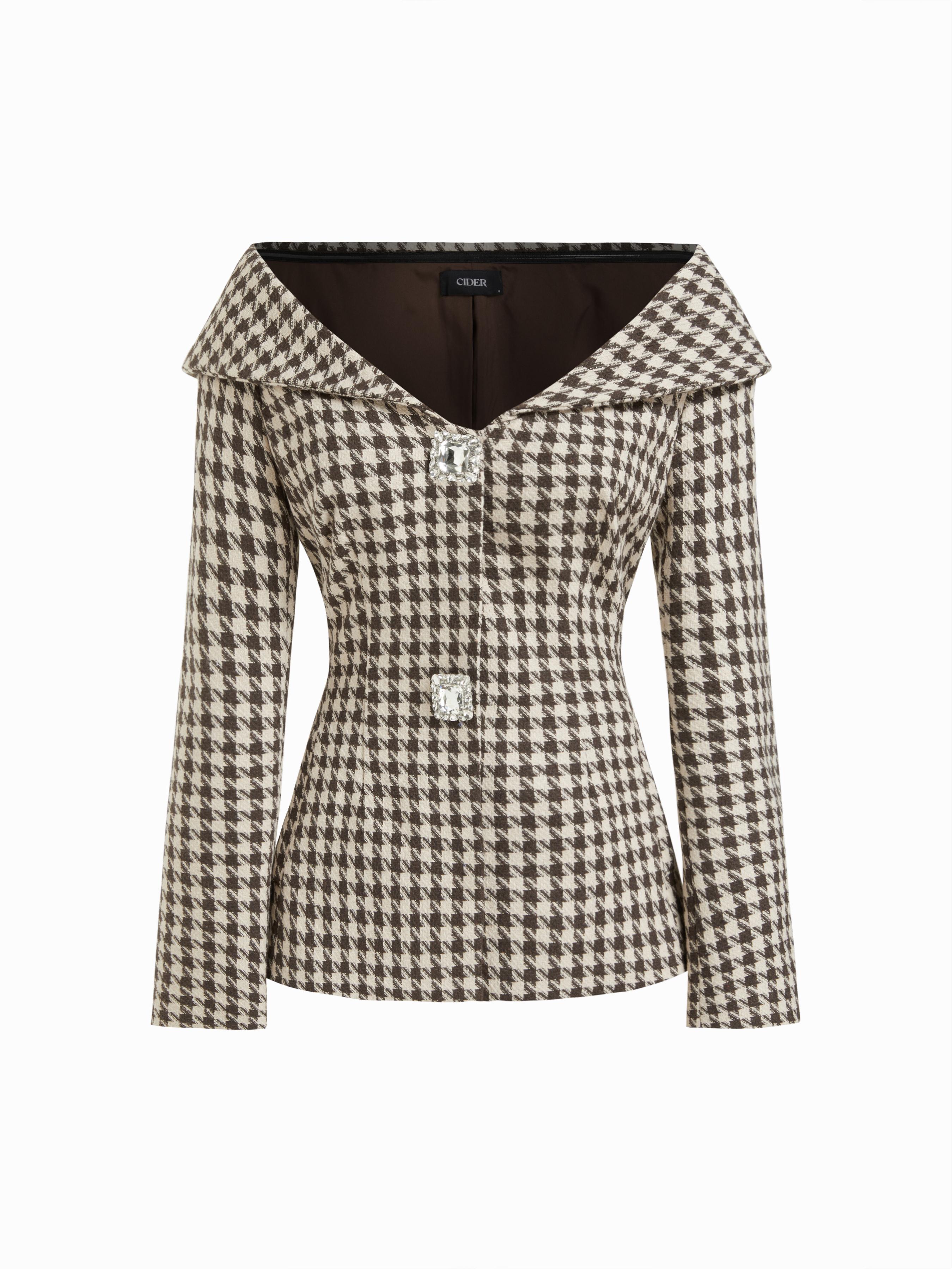 Tweed Houndstooth Collar Rhinestone Detail Cinched Waist Blazer by CIDER Tweed Houndstooth Collar Rhinestone Detail Cinched Waist Blazer by CIDER