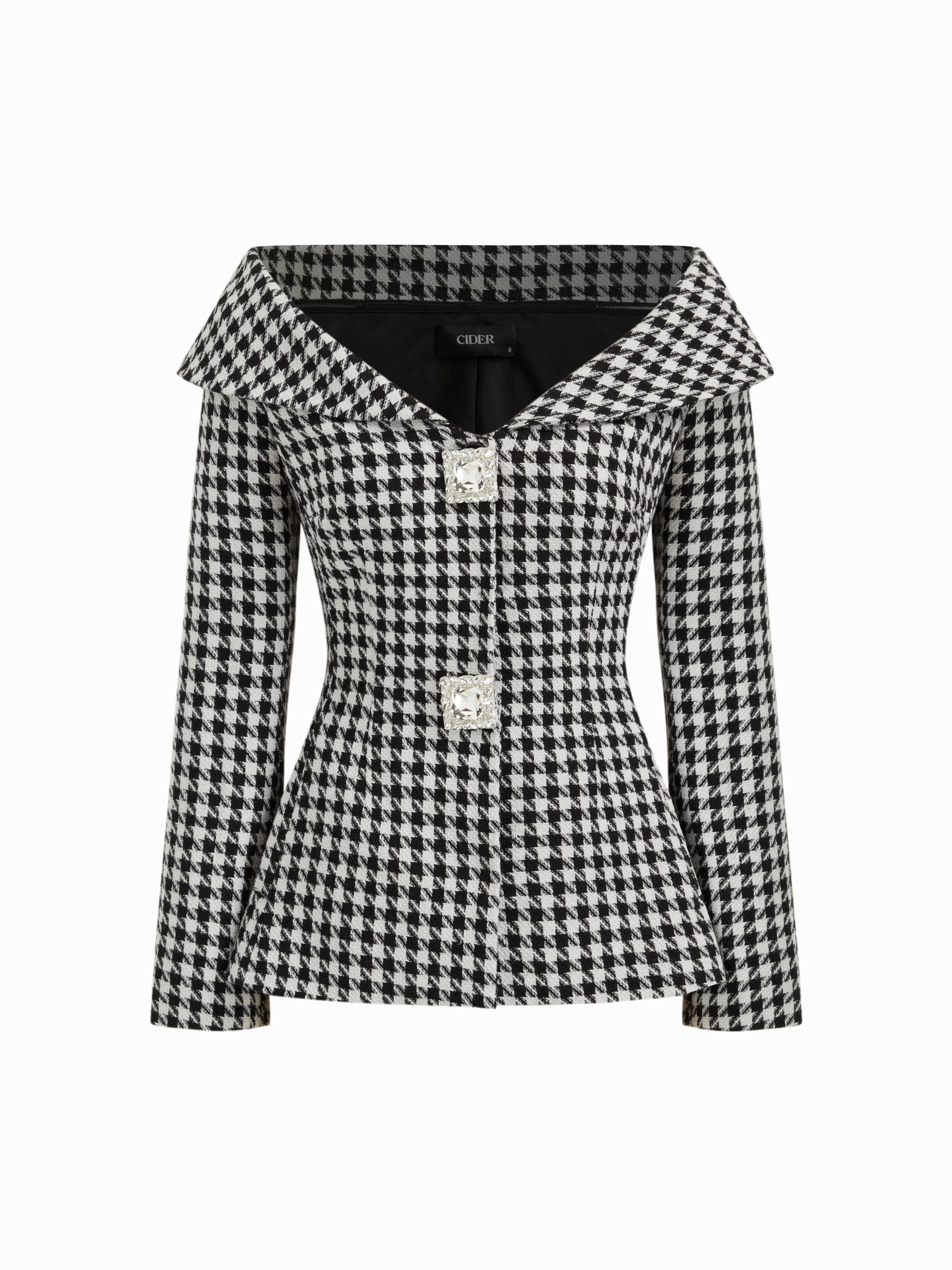Tweed Houndstooth Collar Rhinestone Detail Cinched Waist Blazer by CIDER Tweed Houndstooth Collar Rhinestone Detail Cinched Waist Blazer by CIDER