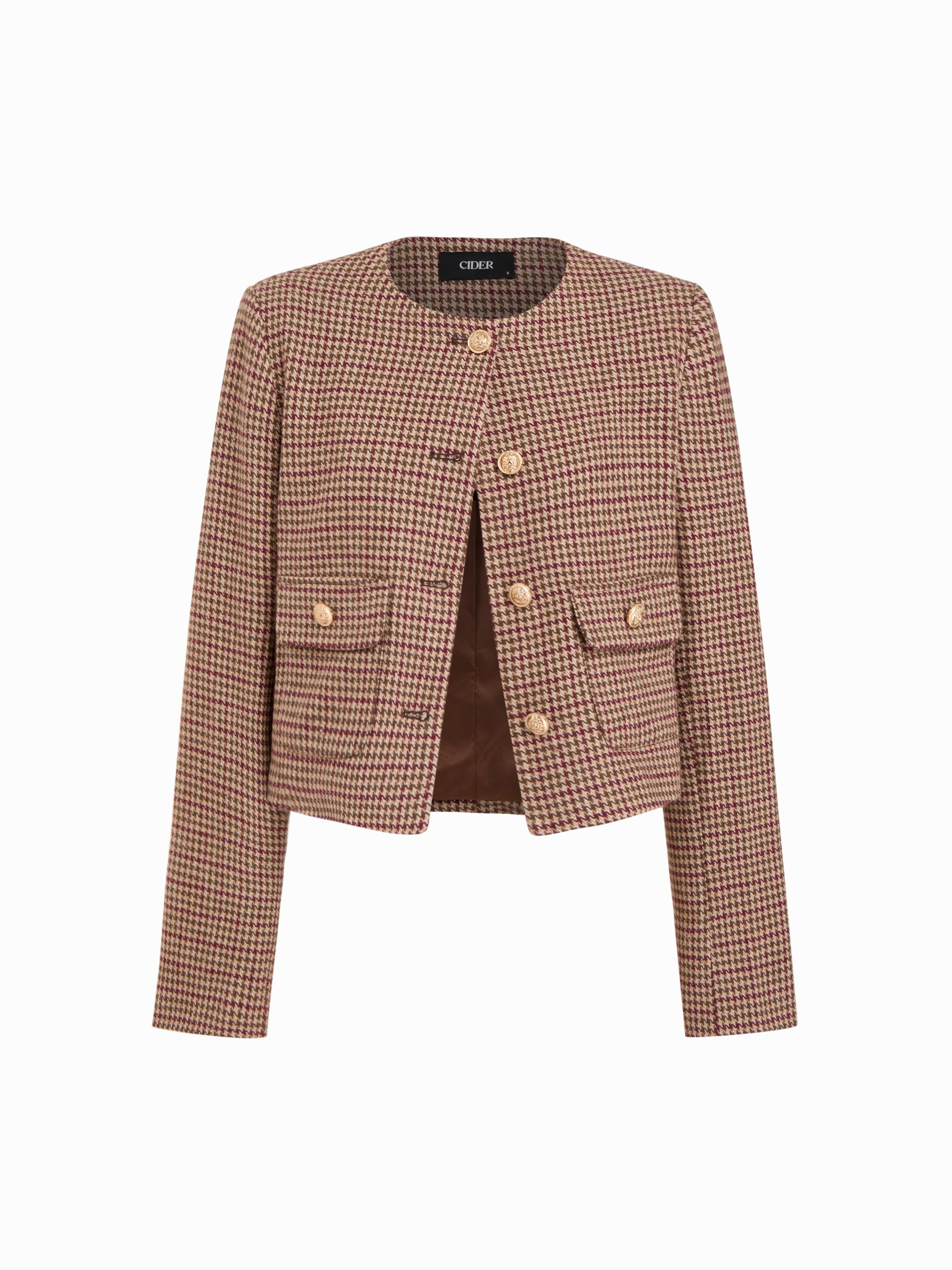 Tweed Houndstooth Round Neckline Long Sleeve Jacket by CIDER
