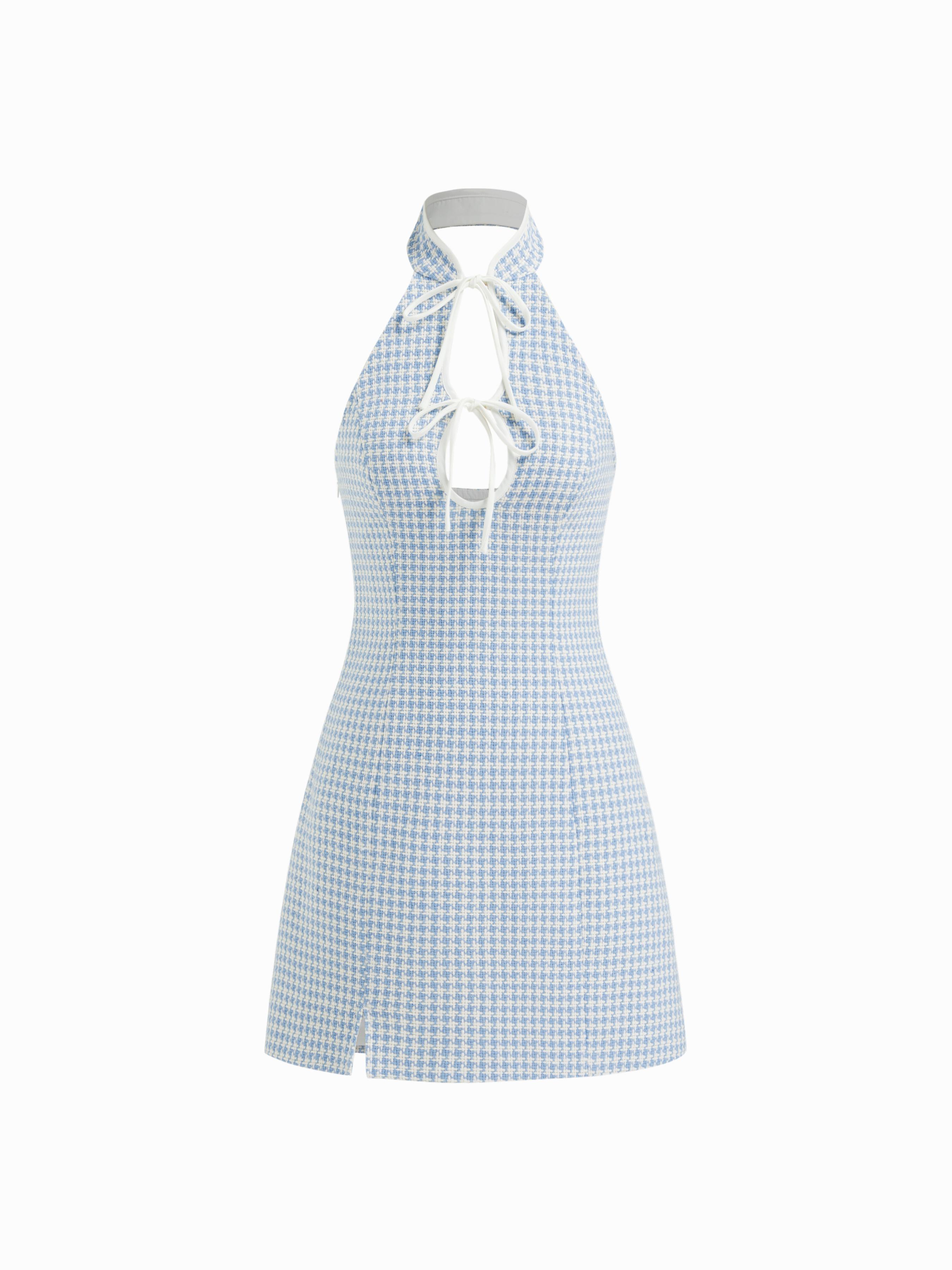 Tweed Mandarin Collar Cut Out Knotted Mini Dress by CIDER