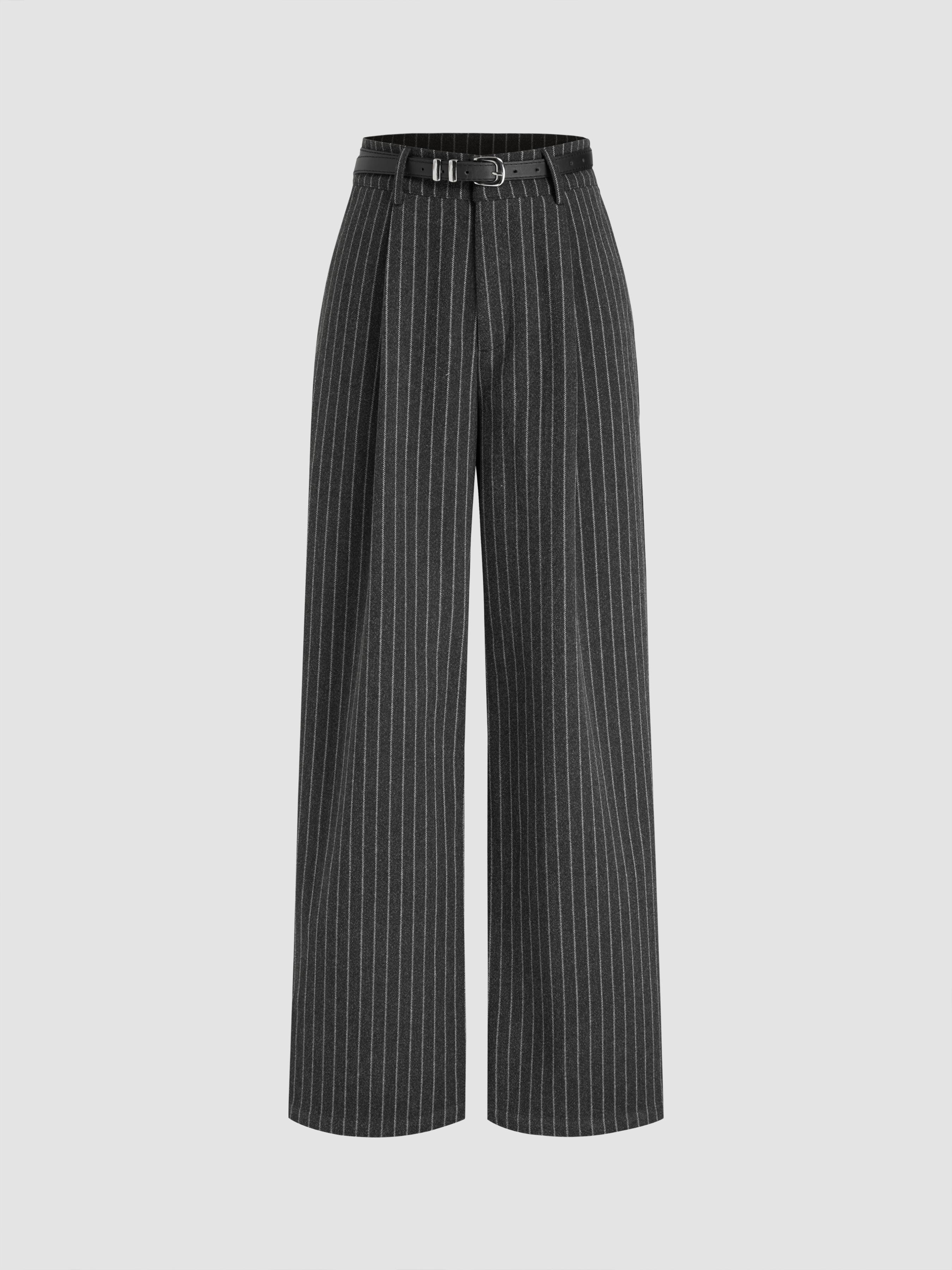 Tweed Mid Rise Striped Straight Leg Trousers With Belt by CIDER